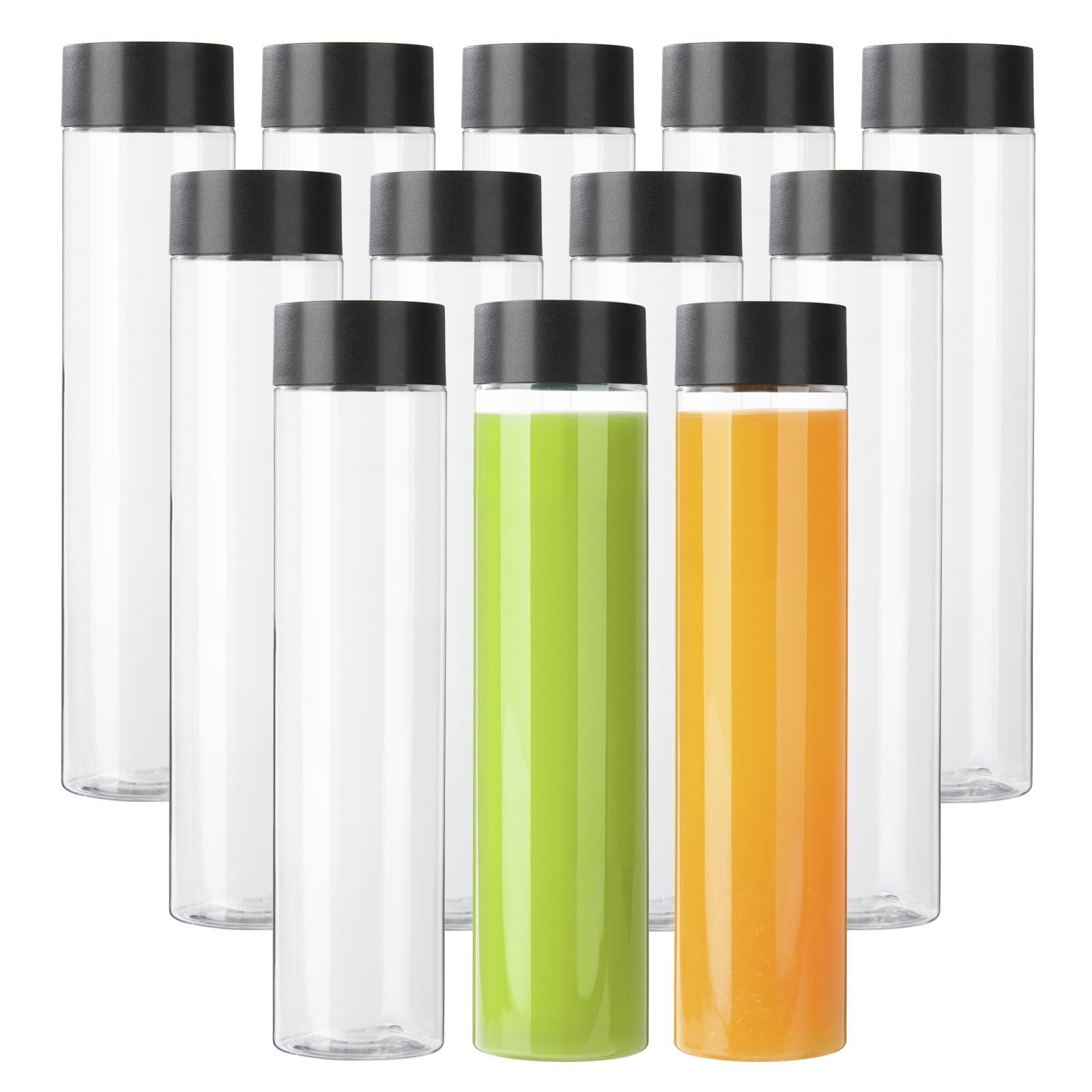 12 Pack 16oz Clear PET Plastic Juice Bottles Black Lid Smoothie Drink Containers