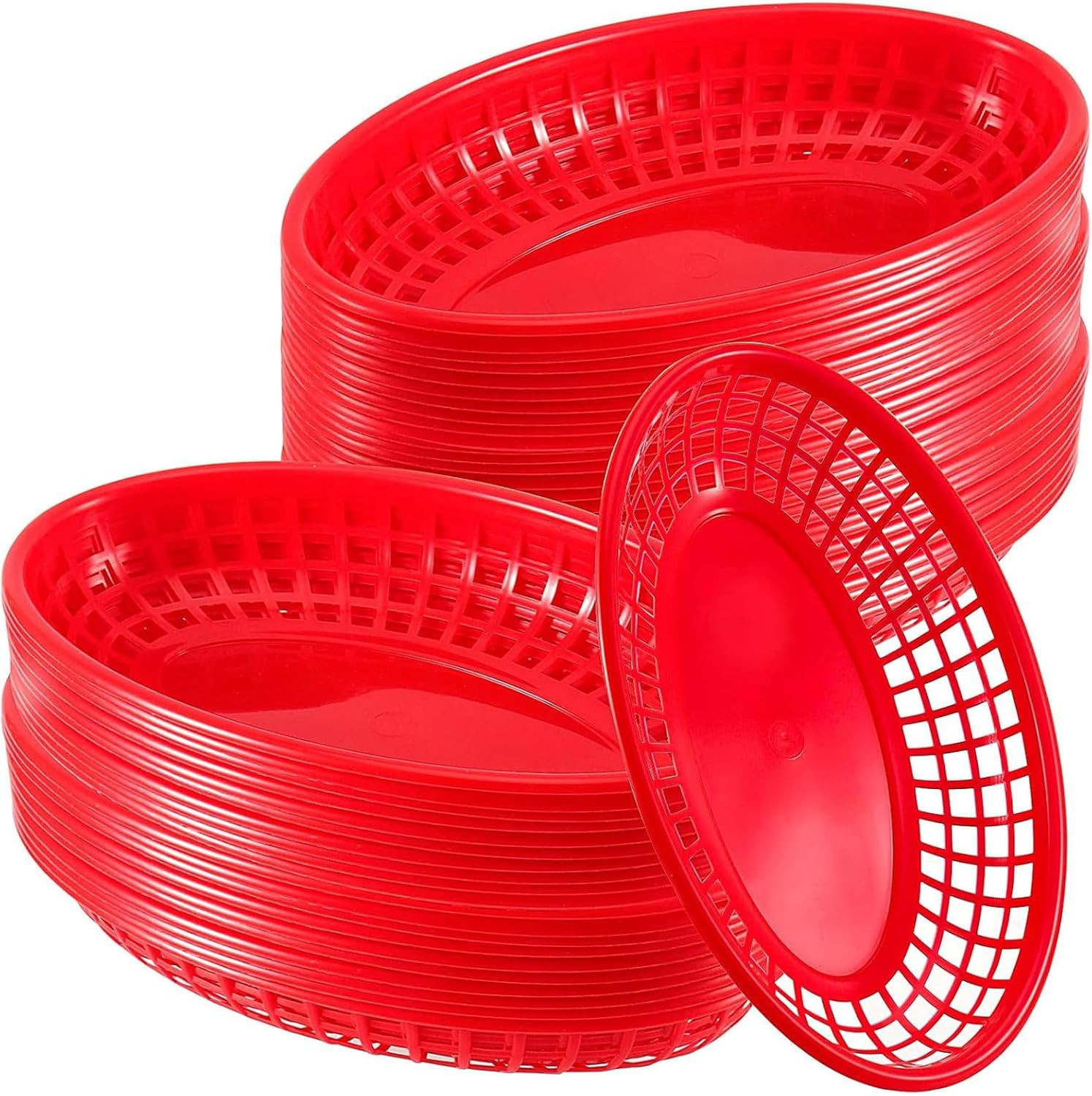 50 Pack 9 X 5.6 Inch Oval Fast Food Baskets Red Plastic Fast Food Baskets