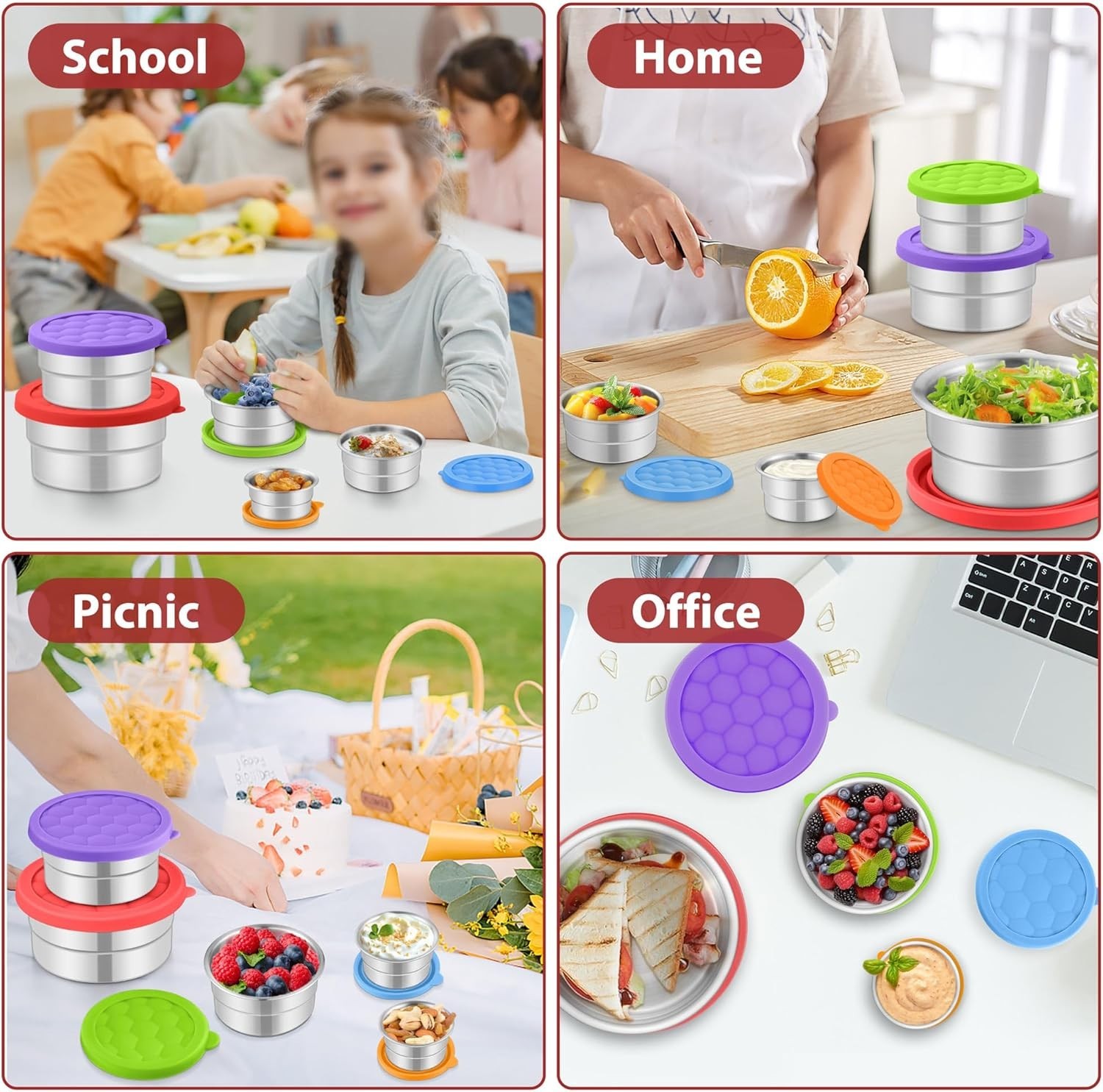 Stainless Steel Food Containers With Lids 3oz,6oz,12.85oz,20oz,30oz Set Of 5