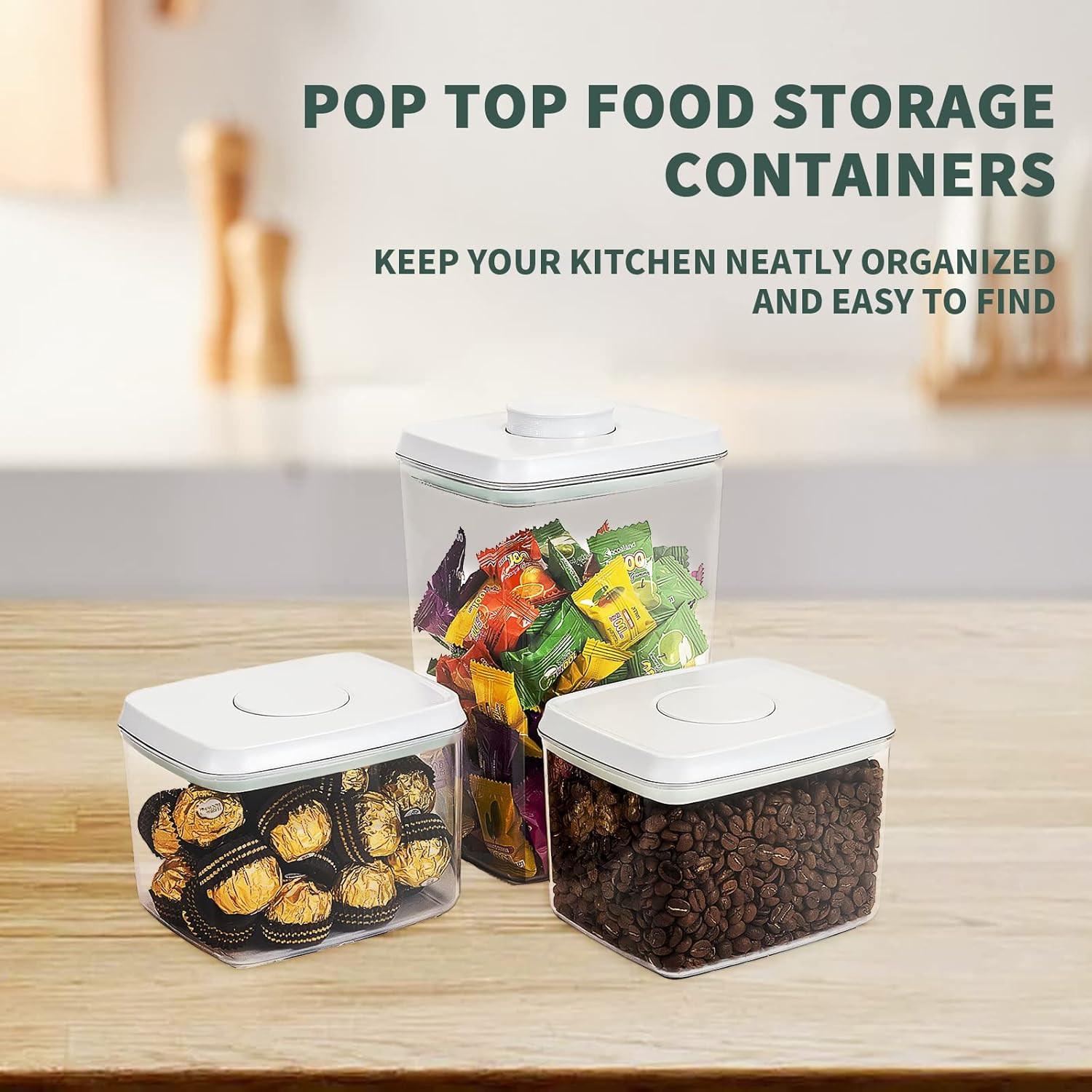 Pop Top Food Storage Containers, 3-Piece Pantry Containers with Lids Airtight, B