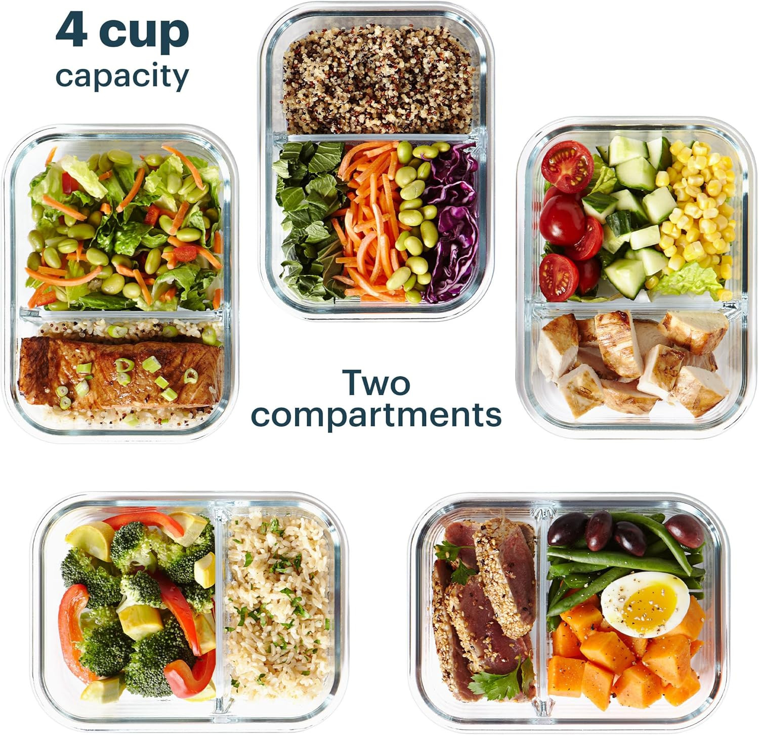 Glass Mealbox (5-Pack, 4 Cup) Divided Compartments with Locking Lids, for Meal P