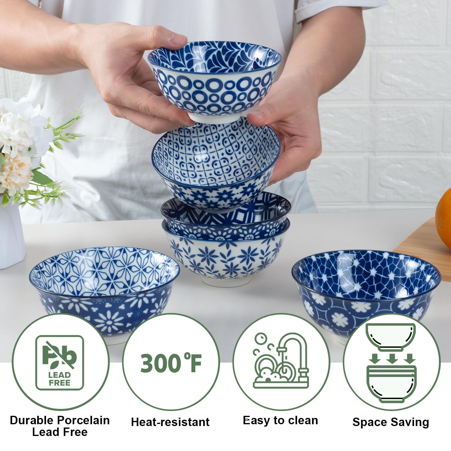 Blue and White Ceramic Bowls Set of 6 4.7in Small Dessert bowl 10 oz for ice