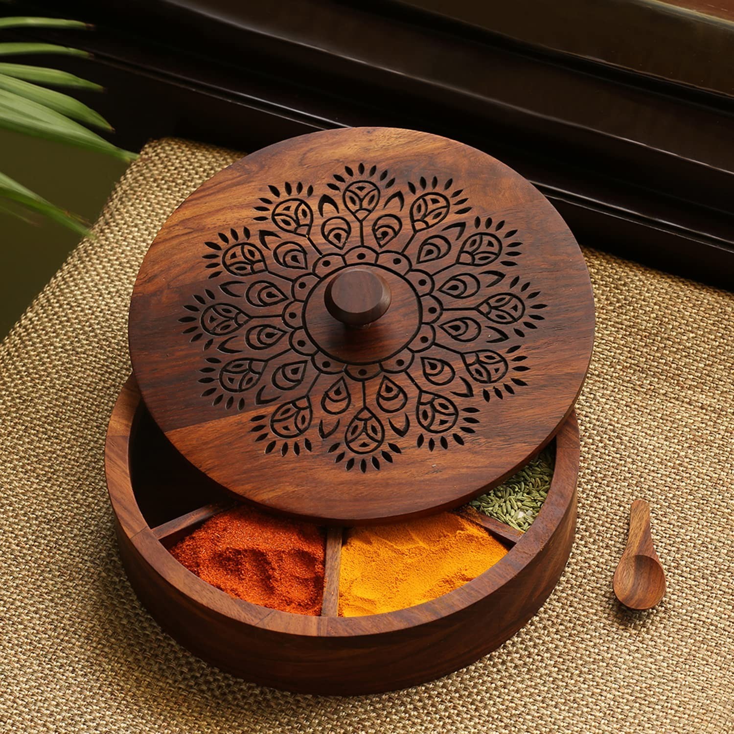 Sheesham Wood Spice Box for Kitchen with Spoon 7 Partitions 120 ml Each