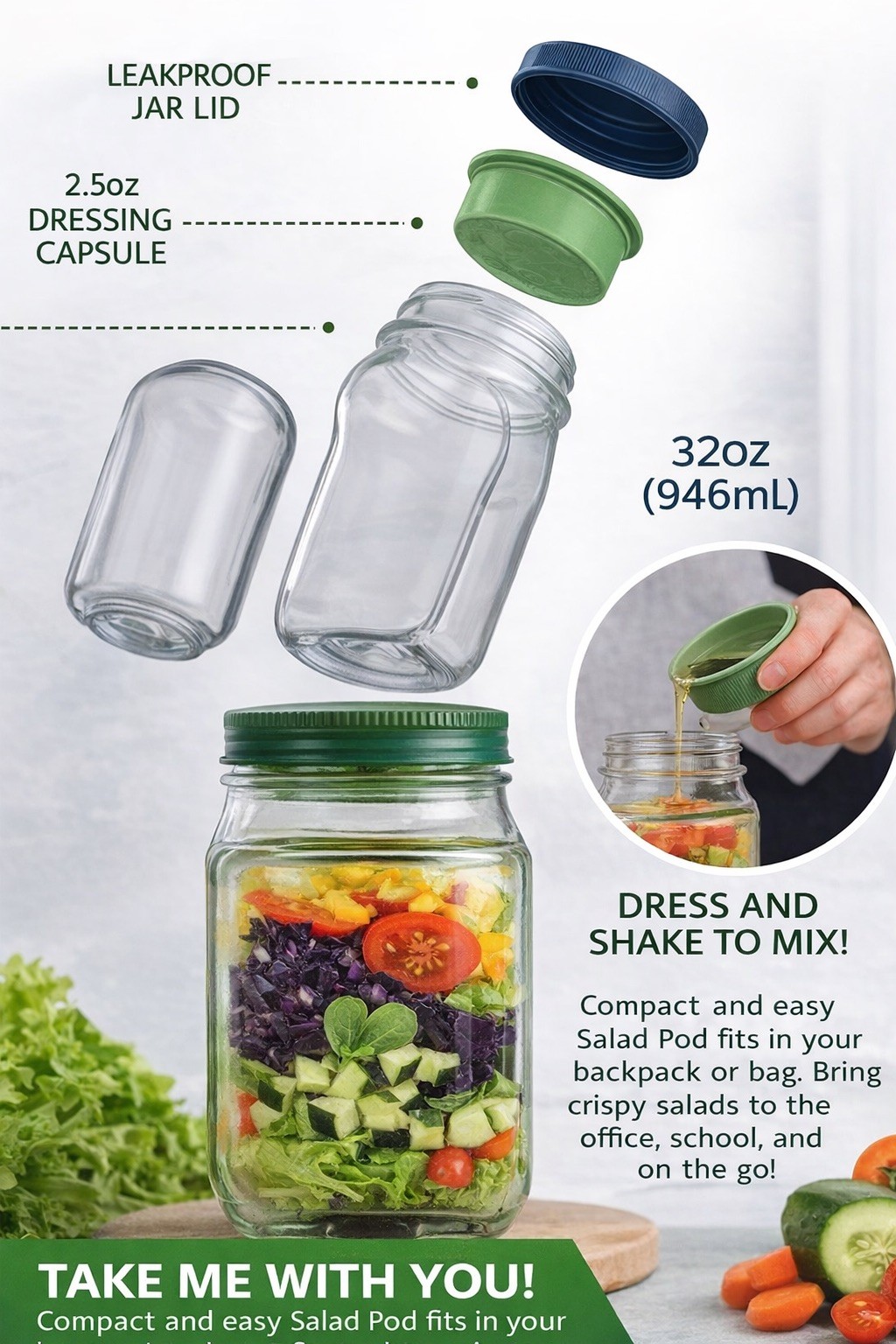 SALADkind Portable Salad Pod; BPA free; dressing compartment; NWT