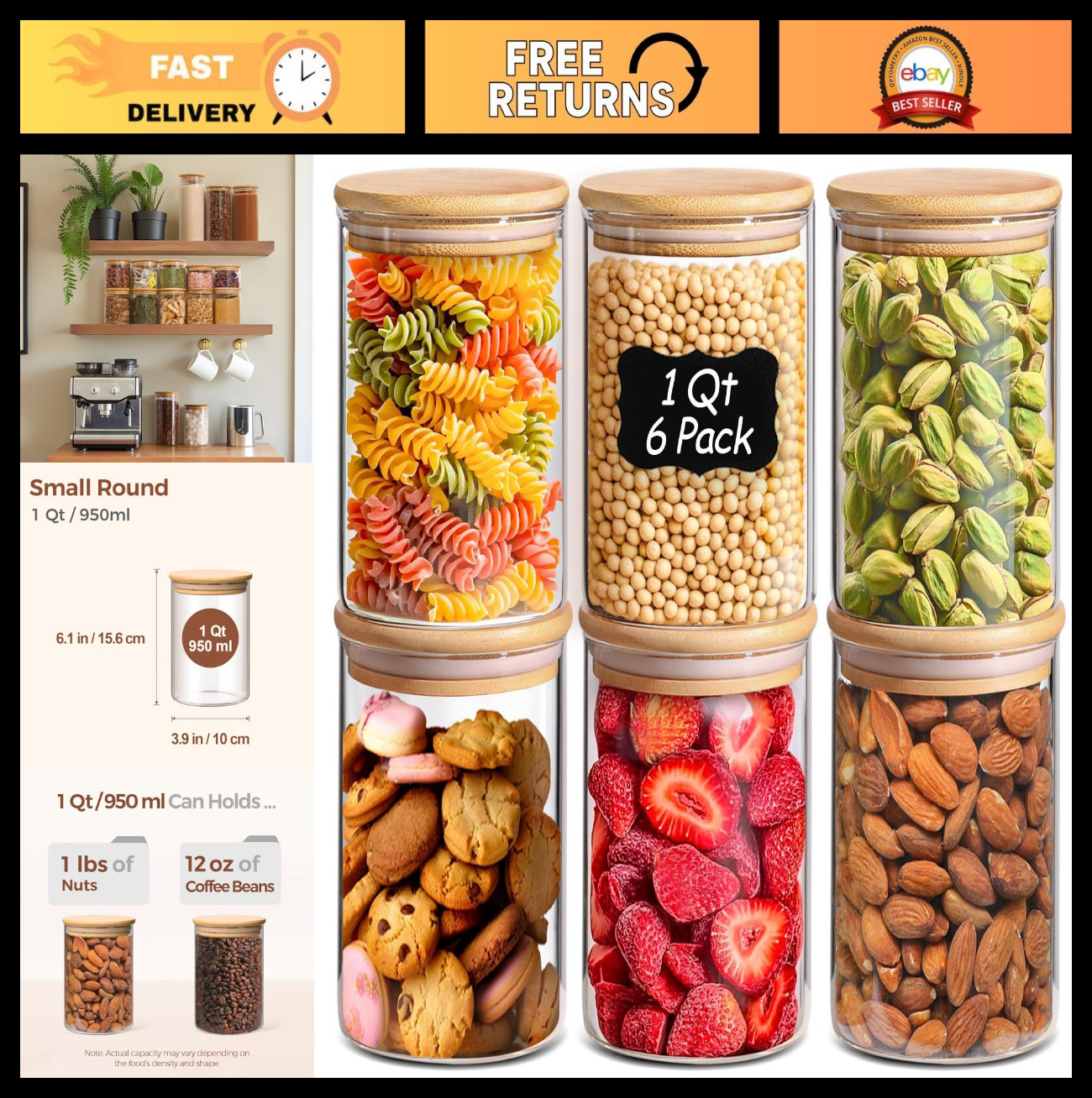 1 Qt Glass Storage Containers Set of 6 with Lids – Clear Food Jars, Pantry Organ