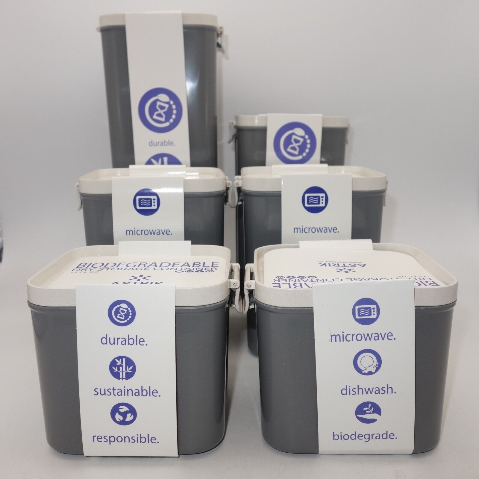 NEW Set of 6 Astrik Biodegradable Plastic Dry Storage Containers Canisters Gray