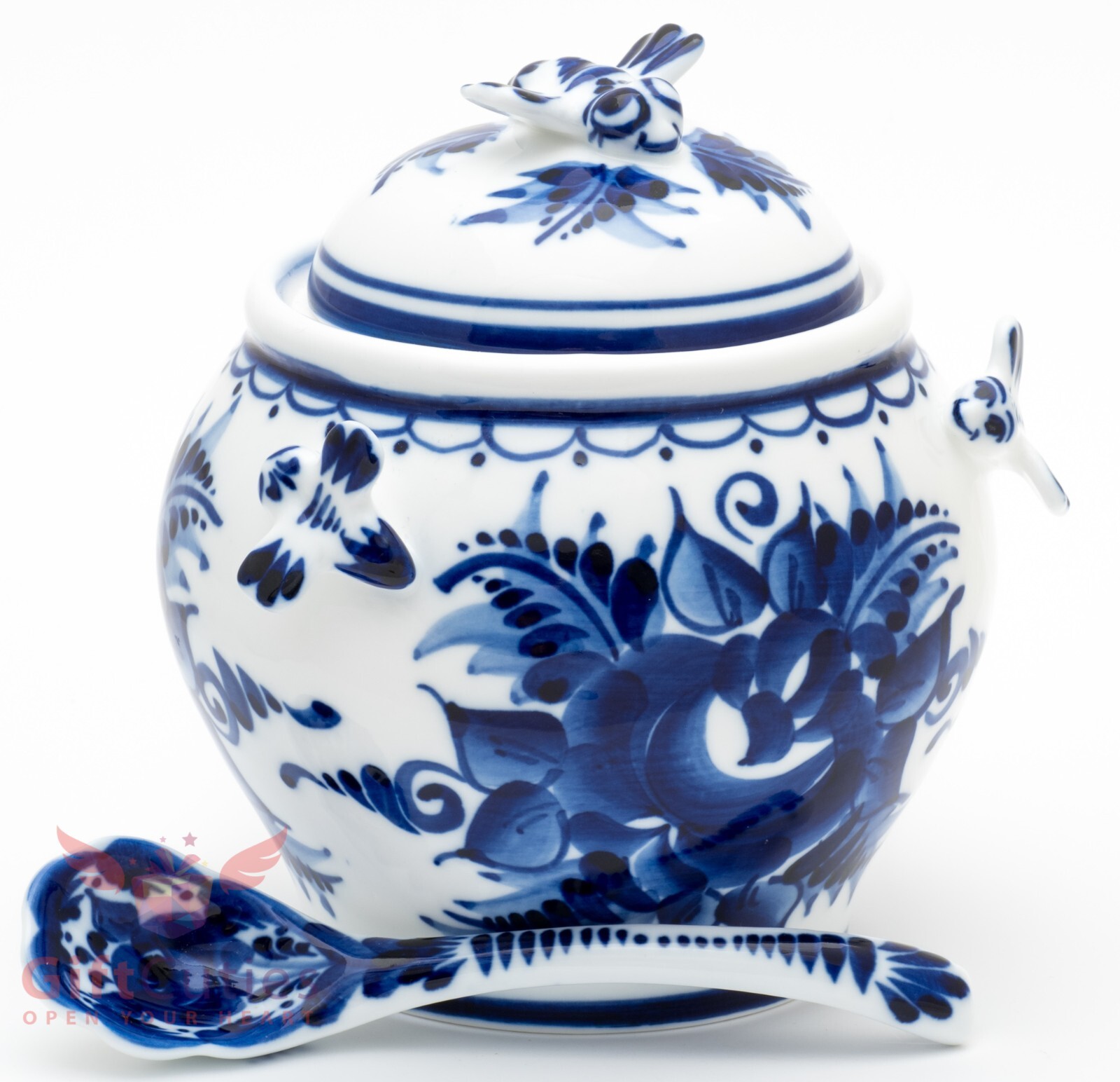 Gzhel porcelain Honey Barrel pot jar with bees hand painted with spoon Гжель
