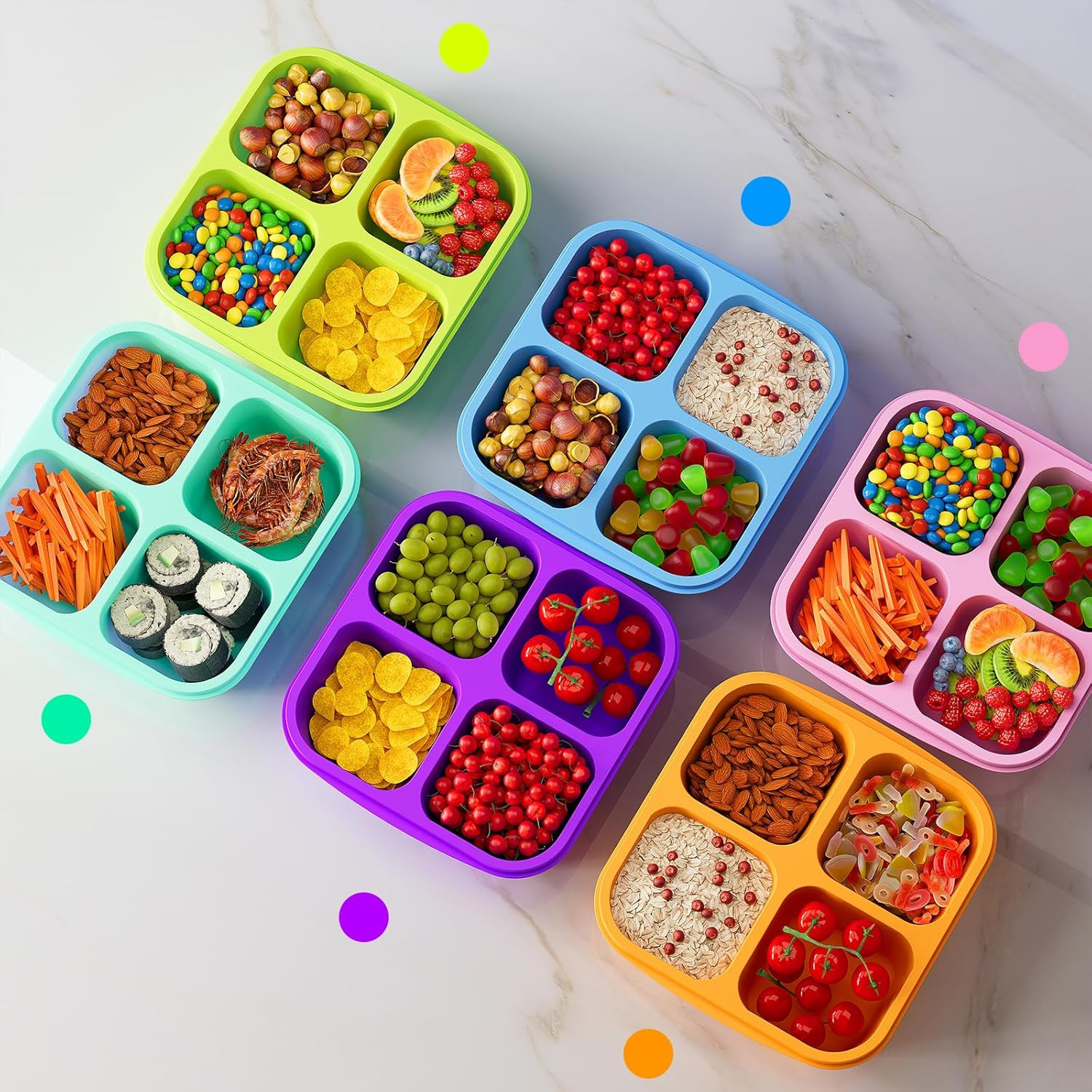6 Pcs Bento Snack Containers, Reusable 4 Compartment Food Storage Container with