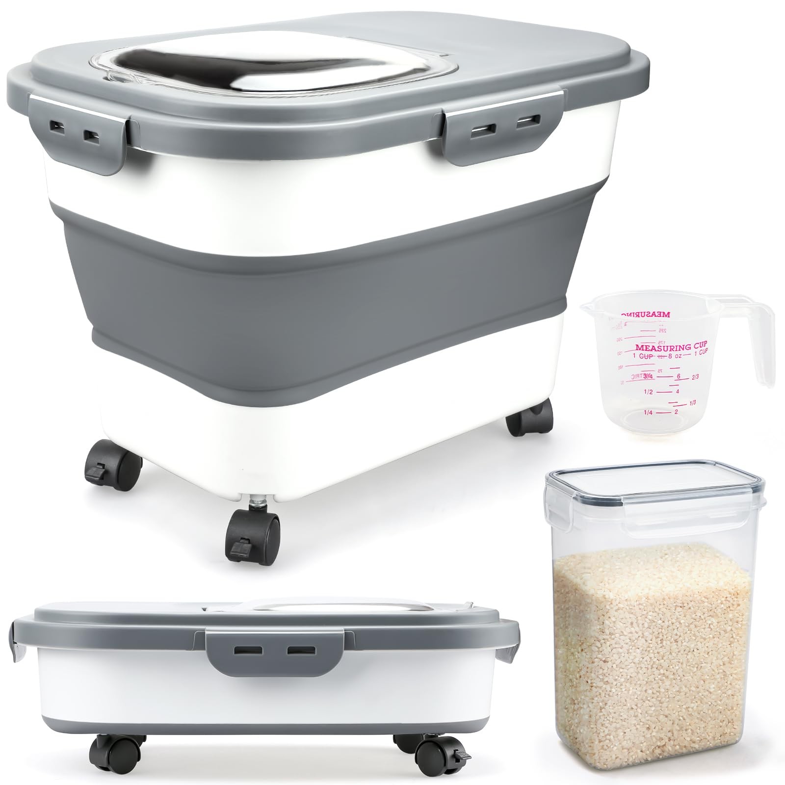 Rice Storage Containers, Collapsible 20 to 30Lbs Food Storage Bin Dispenser w…