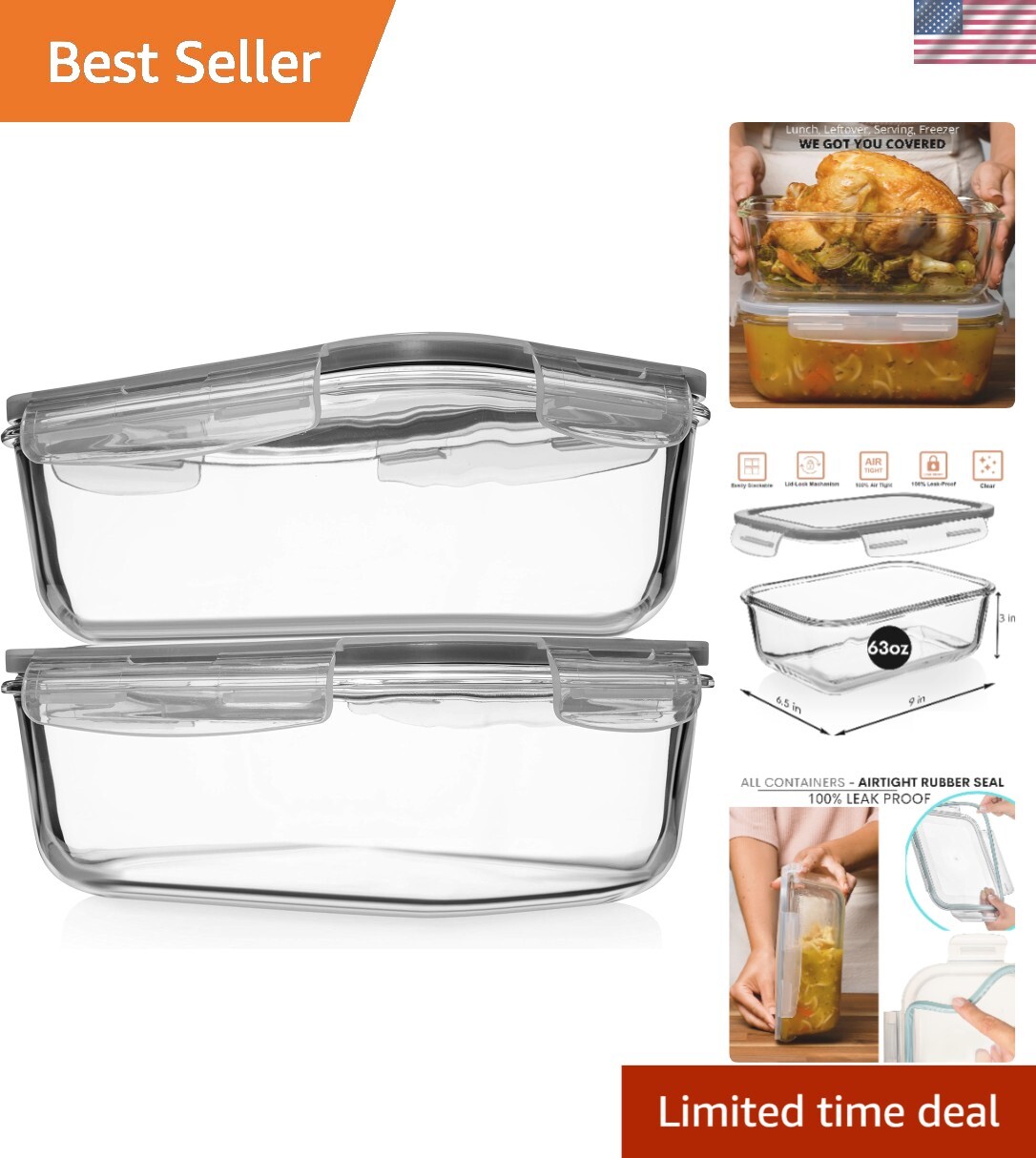 Leak-Proof 63 Oz Kitchen Storage Set – 4-Piece Glass Containers with Lids