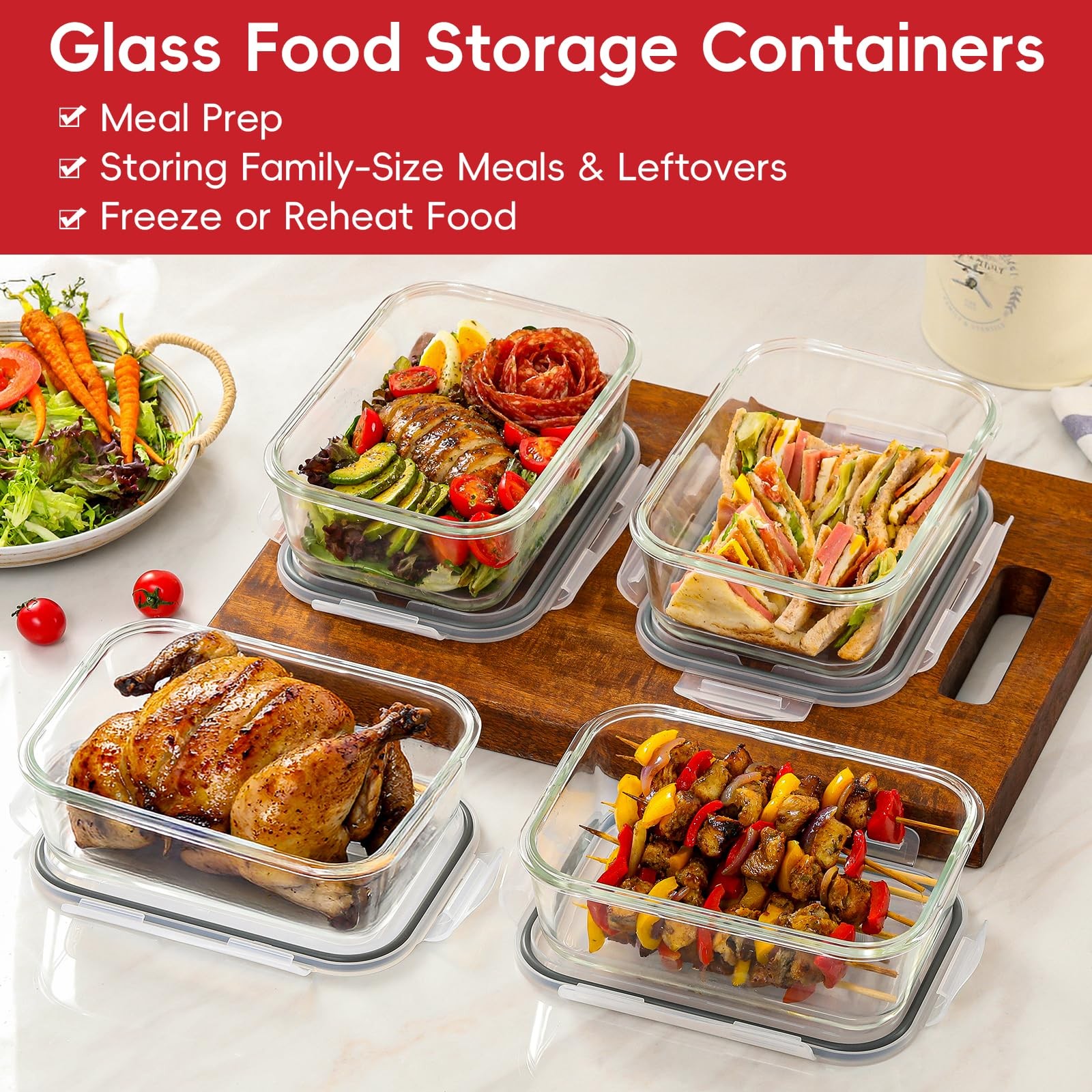Snuvid 4 Pack 8 Cups Large Glass Storage Containers with Lids Meal Prep Leak Pro