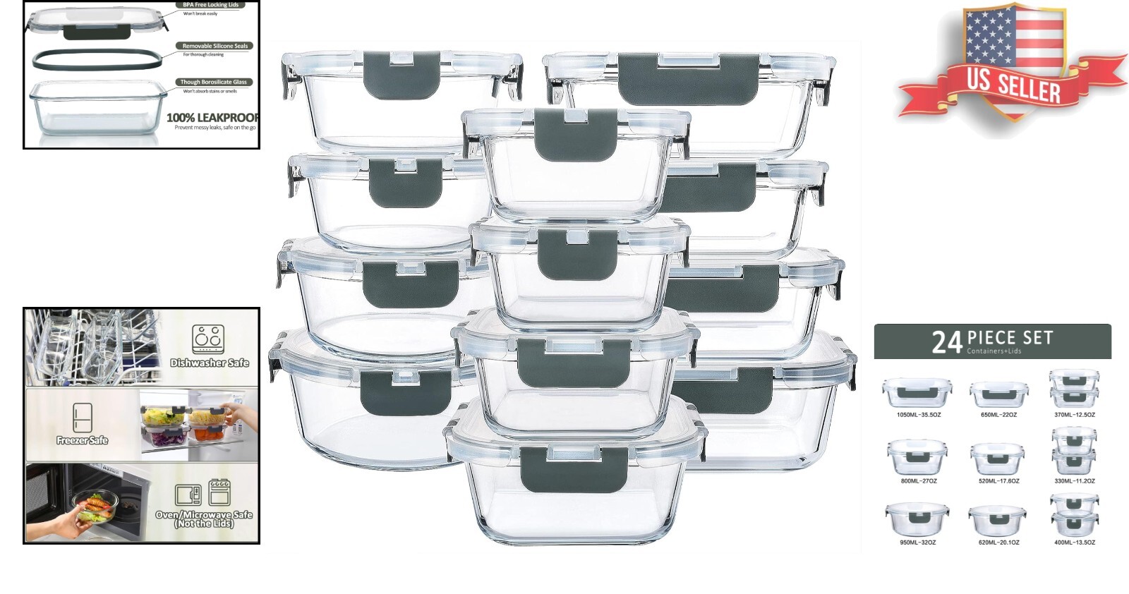 Airtight Glass Food Storage Containers – Microwave & Dishwasher Safe – 12 Pack