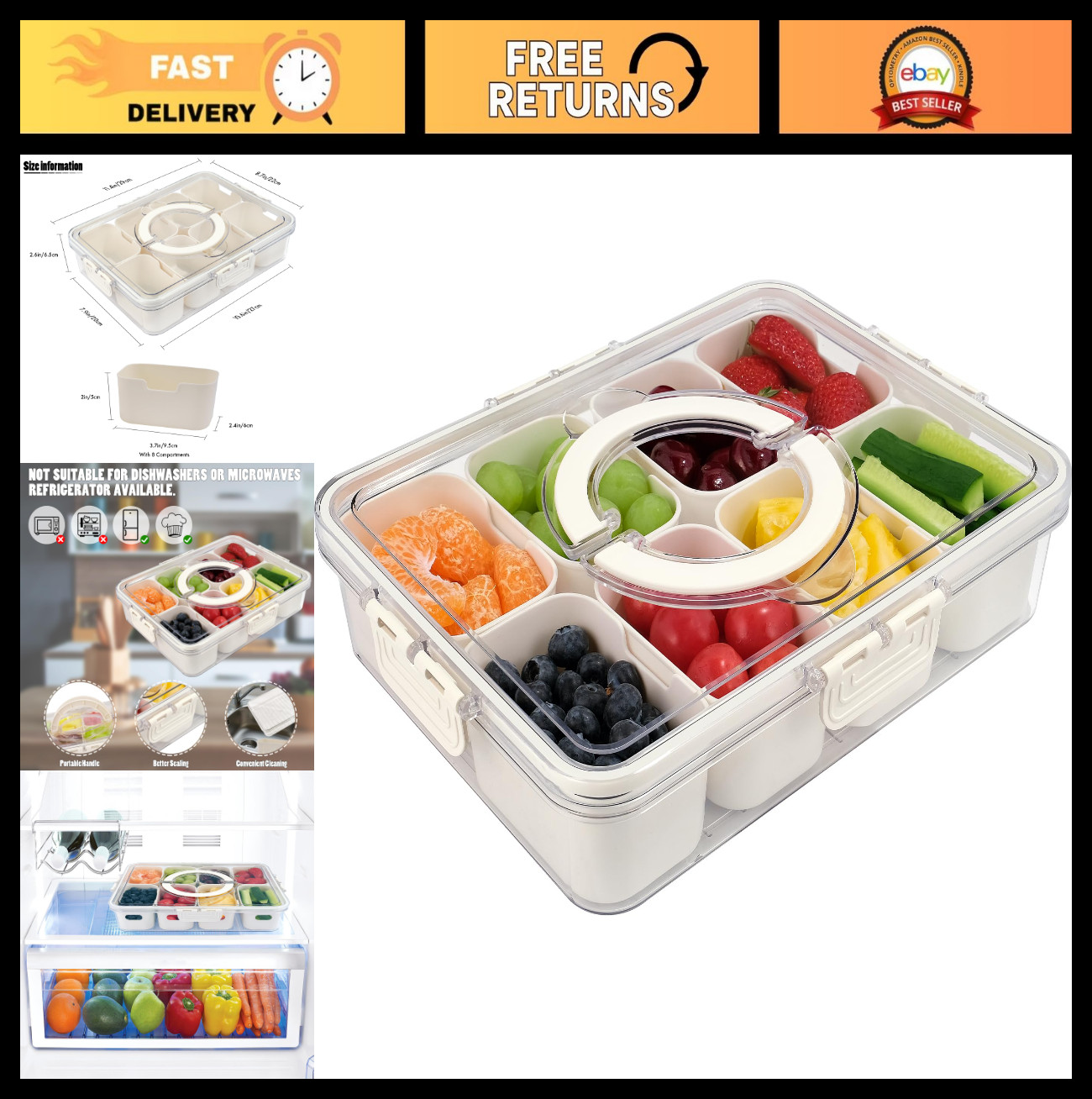 Portable Snack Box with Lid & Handle – 8 Compartment Serving Tray for Veggies, C