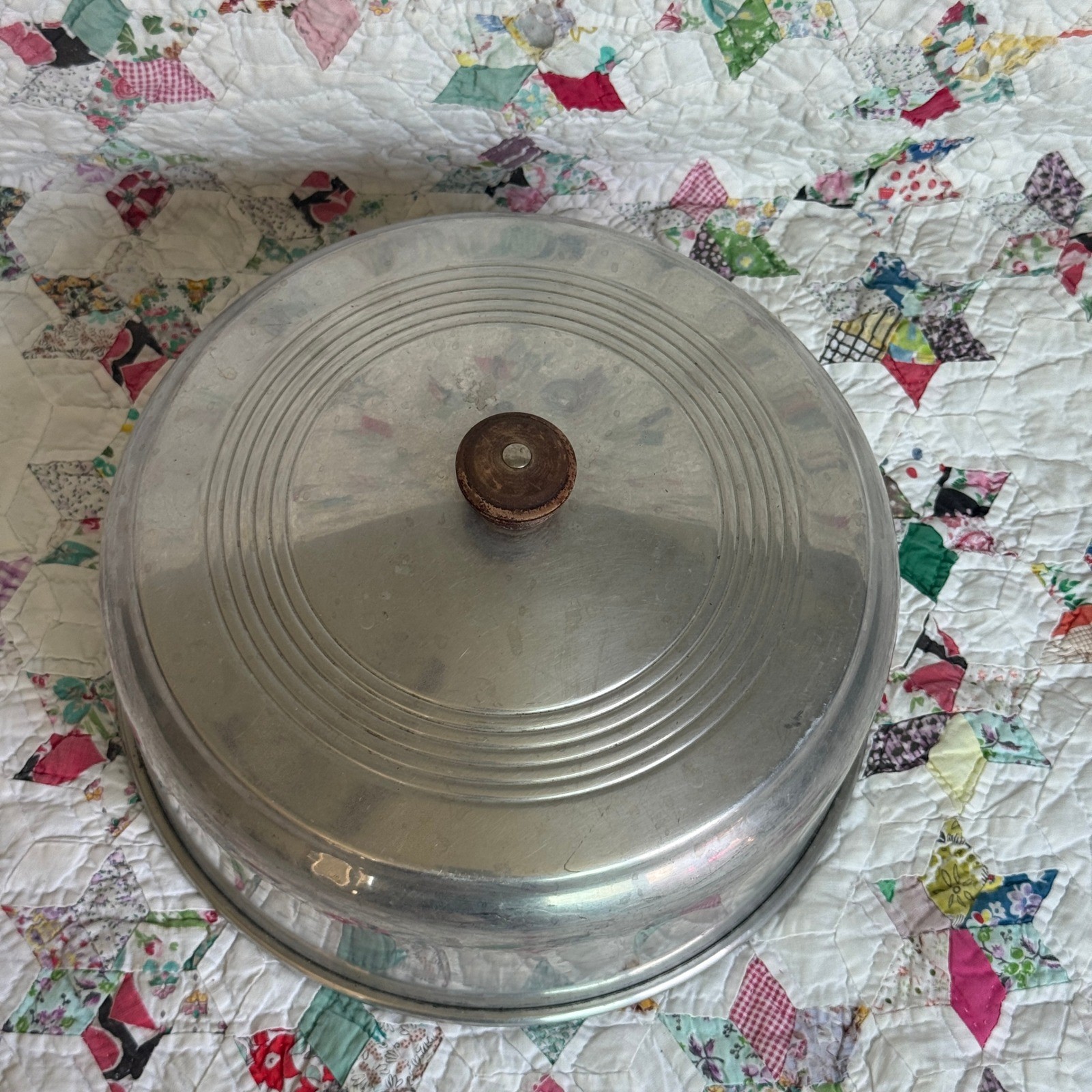 Vintage Spun Aluminum Cake Carrier Dome Cover with Wood Knob 10 Inch MCM Retro