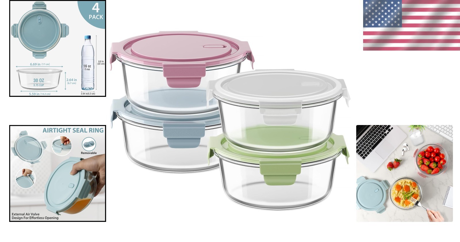 Airtight Glass Meal Prep Containers – 30oz, Microwave, and Freezer Safe – 4 Pack