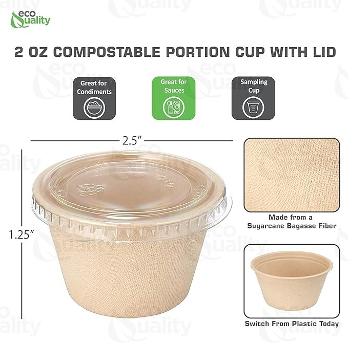 2 oz EcoQuality Compostable Condiment Souffle Bagasse Cups with Lids – 2000 pcs