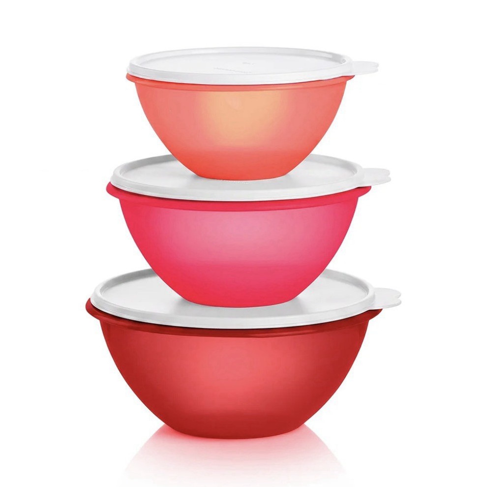 Plastic Round Storage Bowl Set, Snap Lids, Solid Orange/Pink/Red, 6-Piece