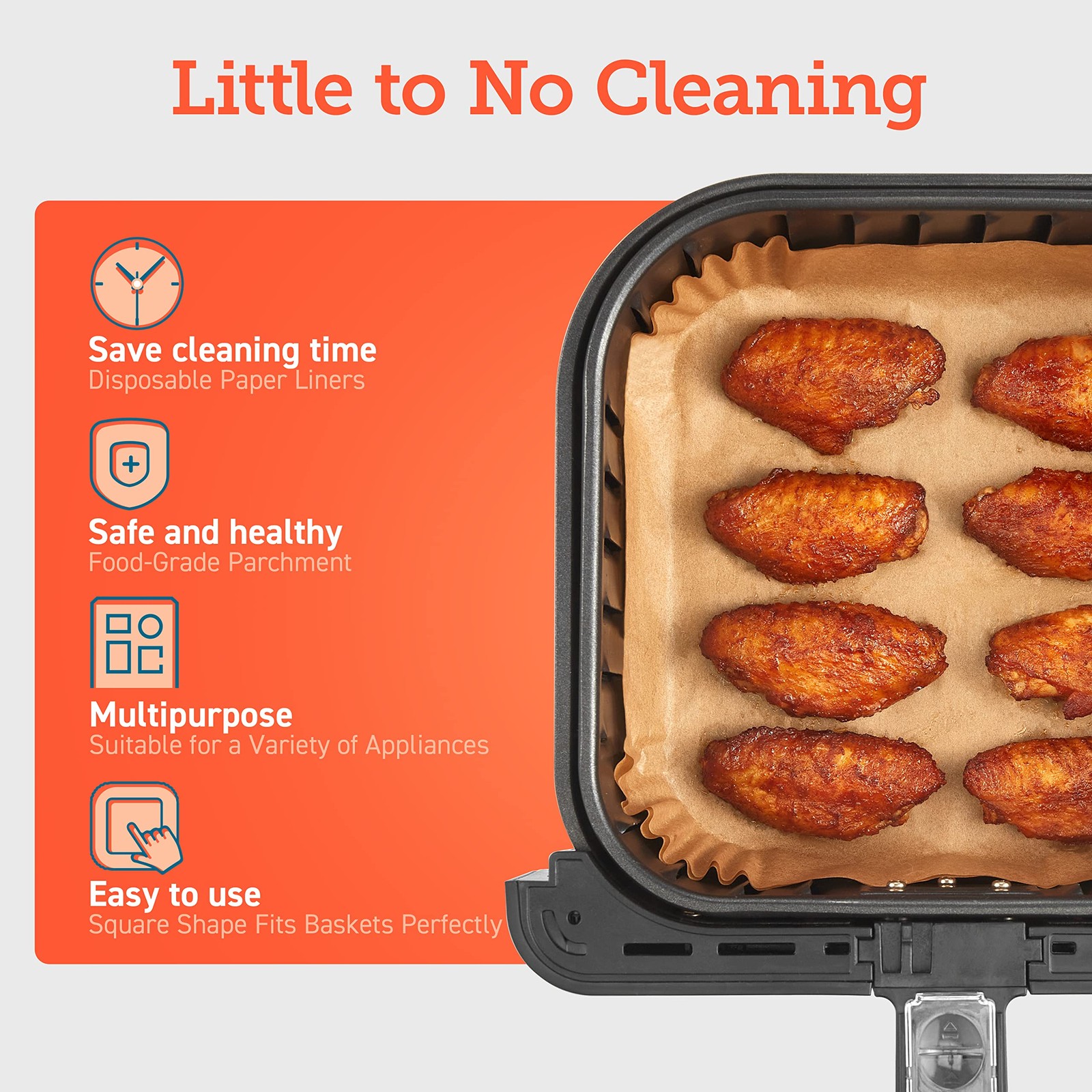 COSORI Air Fryer Liners, 100 PCS Square Disposable Paper 5QT or Above, Wood