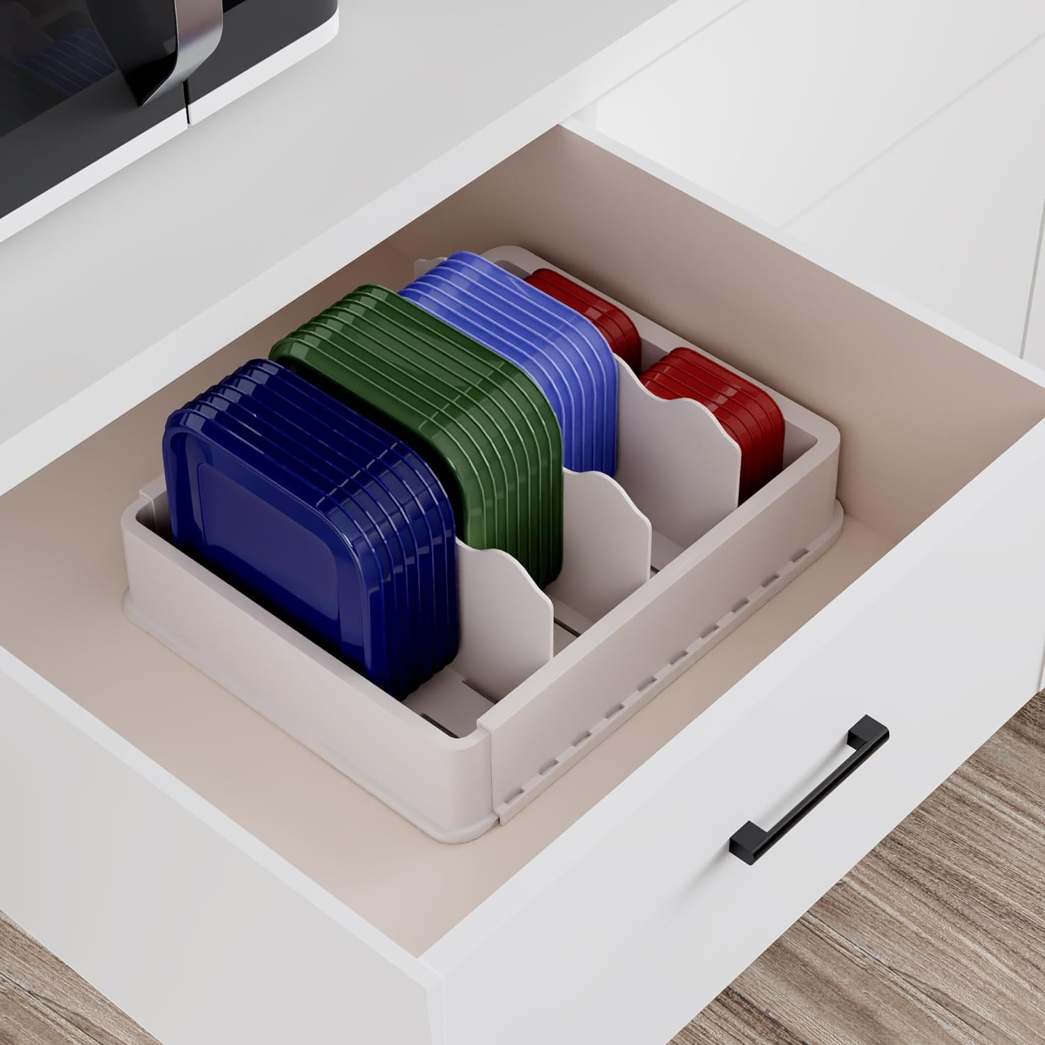 Expandable Food Storage Container Lid Organizer, Includes 6 Adjustable Dividers,
