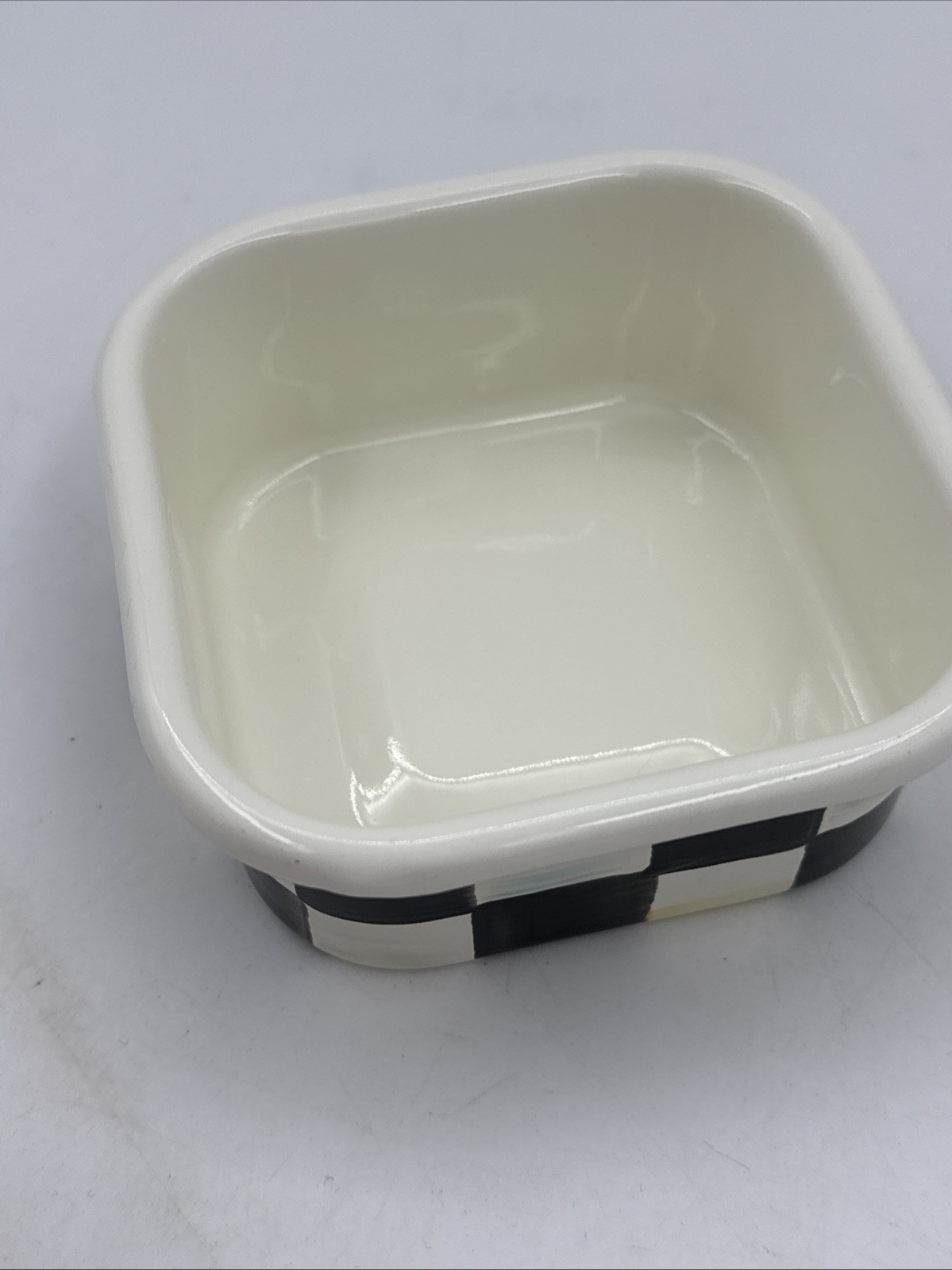 MacKenzie Childs Courtly Check Enamel Storage Container w Lid 4.5” x 4.5” x 2”