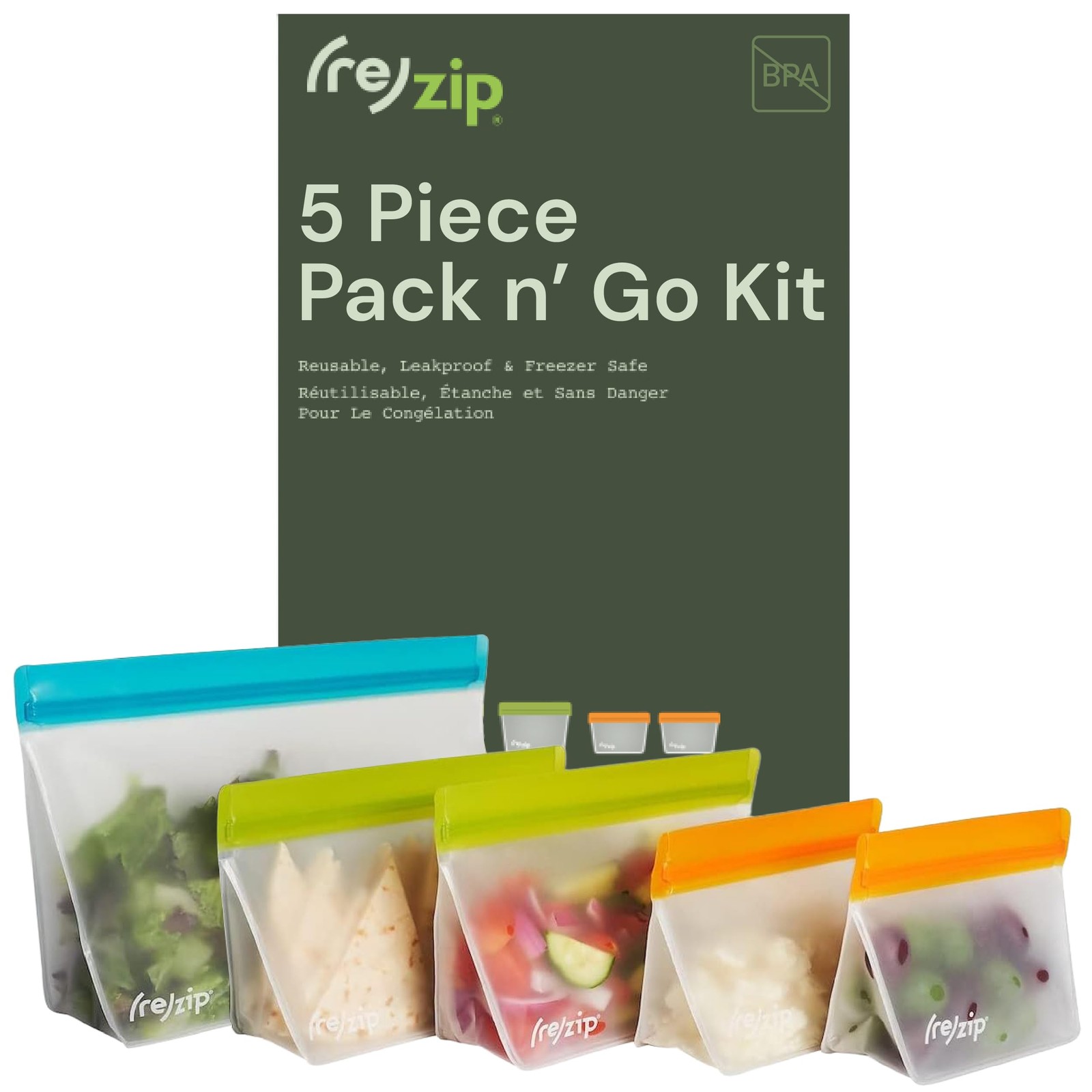 (re) zip 5-Piece Stand-Up Pack n Go Reusable Bag Kit, BPA-Free, Food , Leakpr…