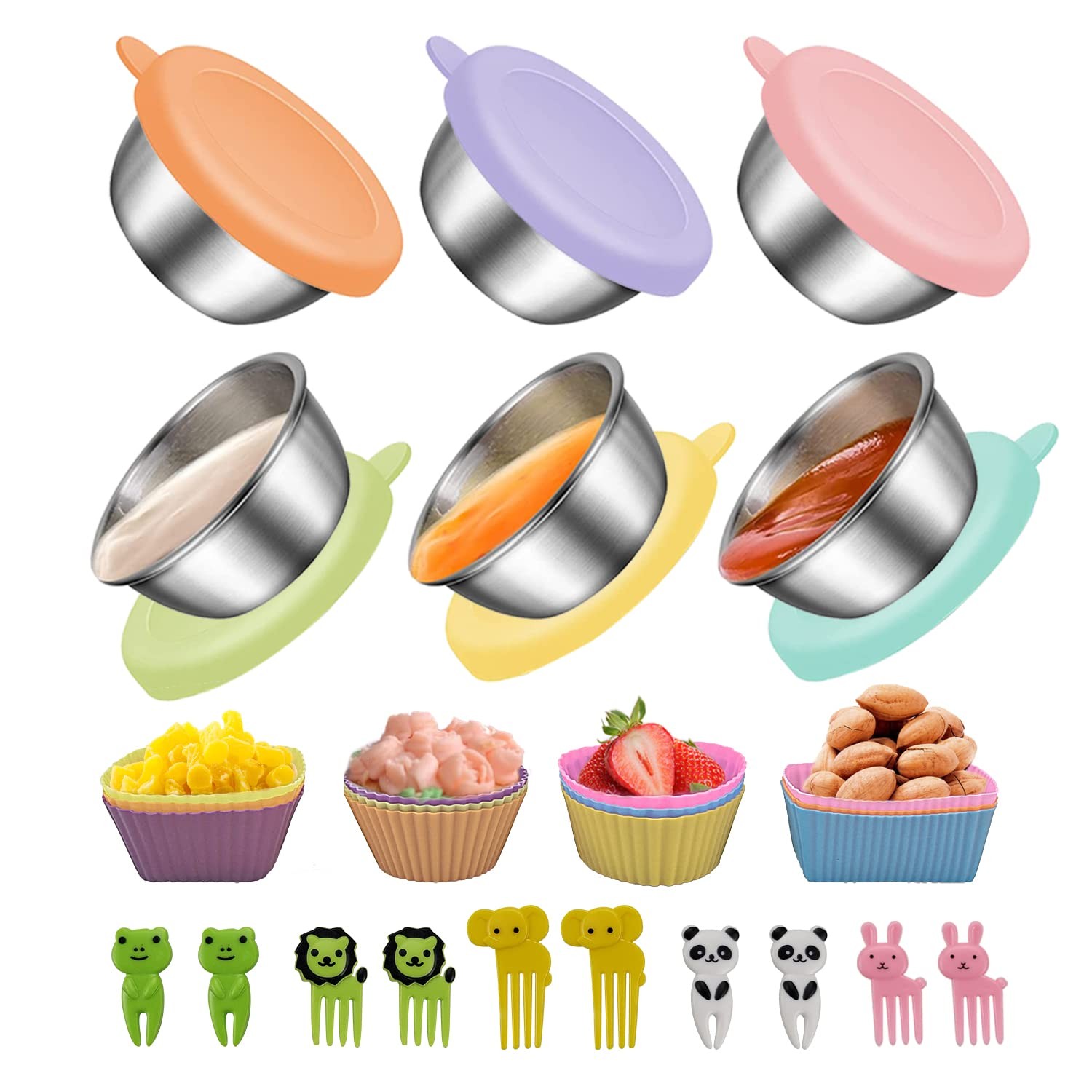 12 Pcs Silicone Lunch Box Dividers, 10PCS Food Picks, 6×1.7 oz Salad Dressing…