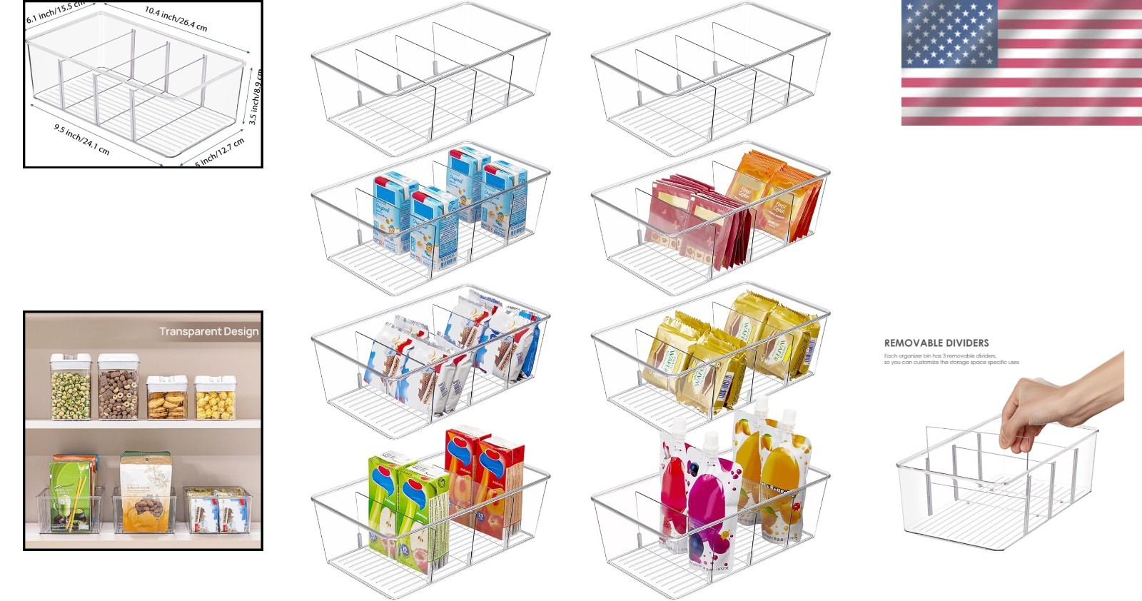 Crystal Clear Food Storage Bins – 8 Pack with Removable Dividers for Easy Access