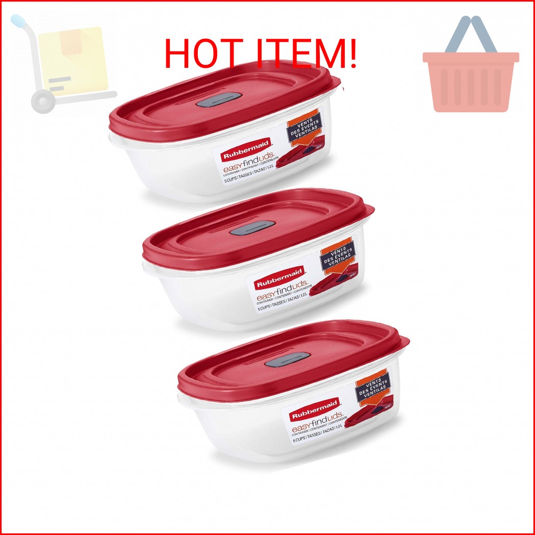 Rubbermaid Easy Find Lid Square 5-Cup Food Storage Container (Pack of 3), Red (V