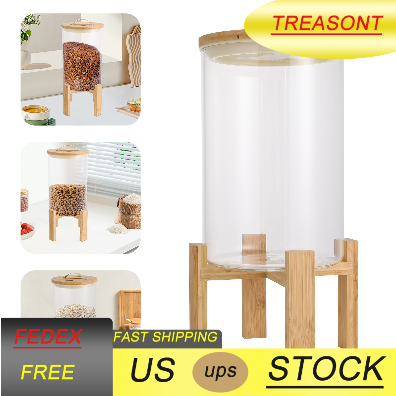 8L Rice Storage Free Standing Container With Lid& Stand 20*30cm Glass+Wood NEW