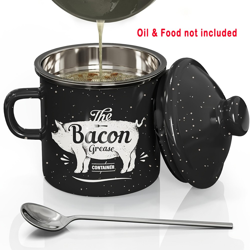 Compact 15oz Enamel Bacon Grease Container with Strainer & Spoon for Kitchen Use