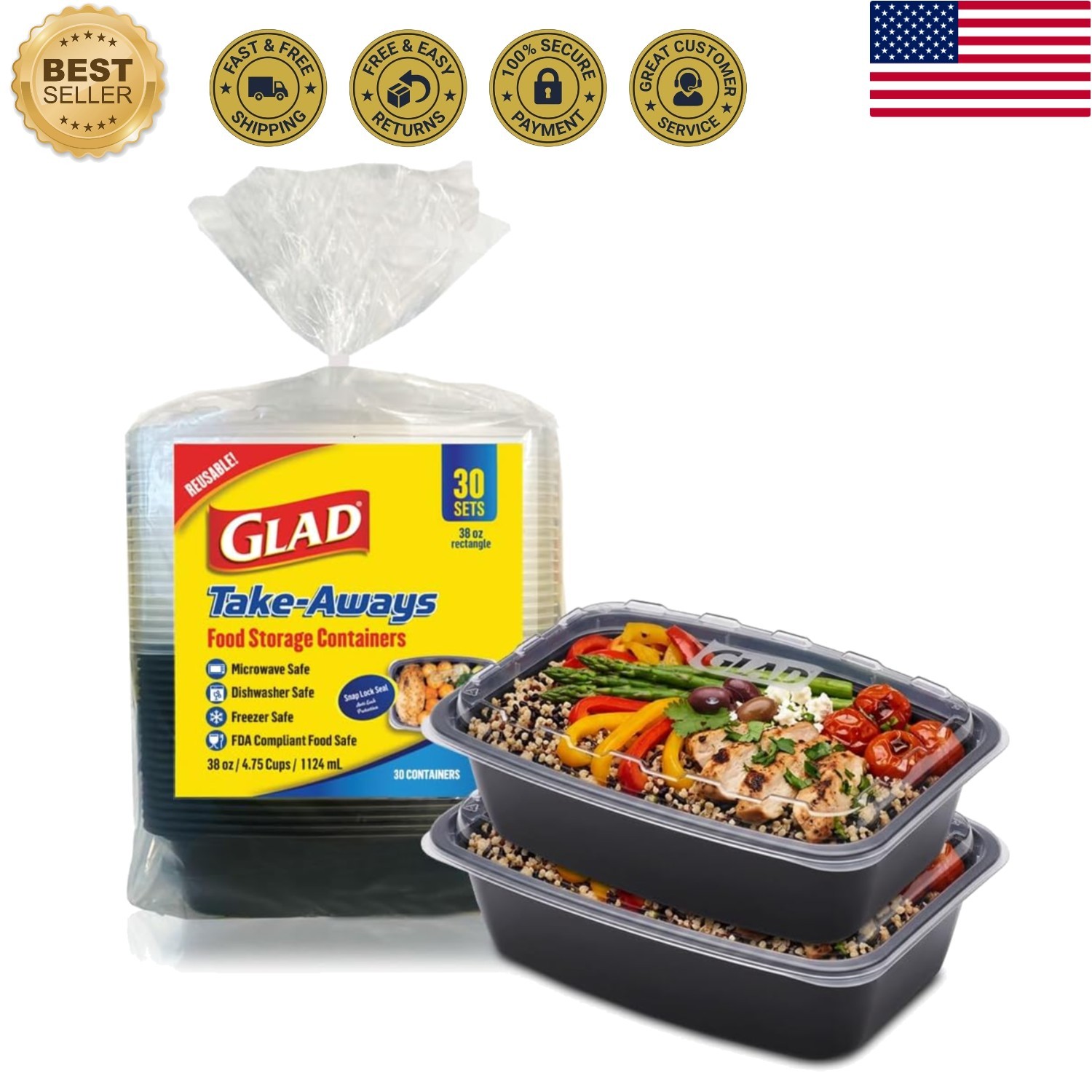 Take-Away 30-Pack 38 oz Snap-Seal Food Storage Containers – BPA Free