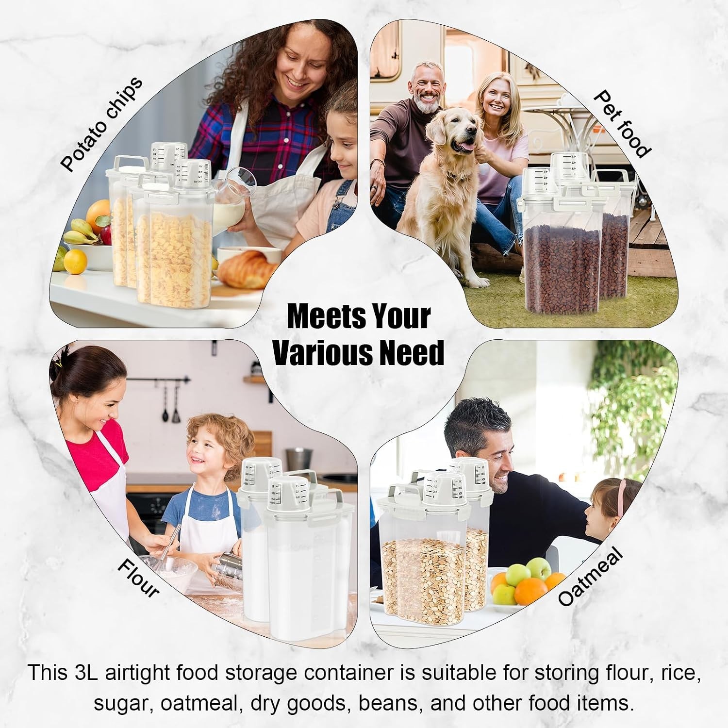 Airtight Rice Storage Container, 3.28Qt Cereal Dry Food Flour and Sugar Bin, …