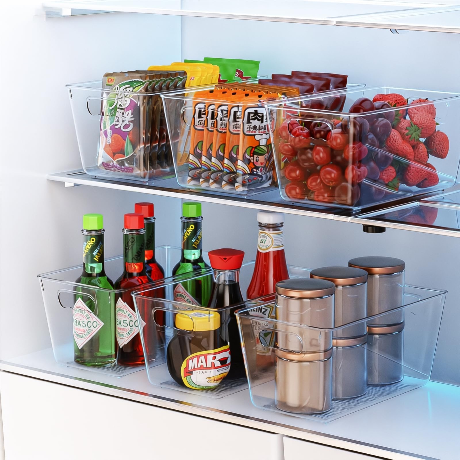 6 Pack Clear Storage Bins Set – Fridge & Pantry Organizer Containers with Handle