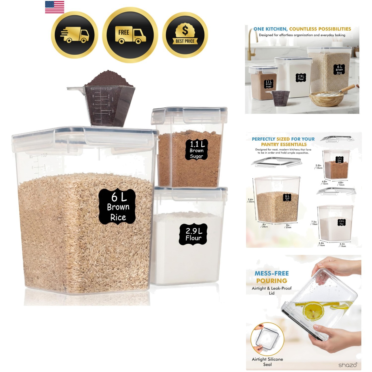 Flour Sugar Storage Containers Set of 3 6L, 2.9L, 1.1L Large Airtight Food St…