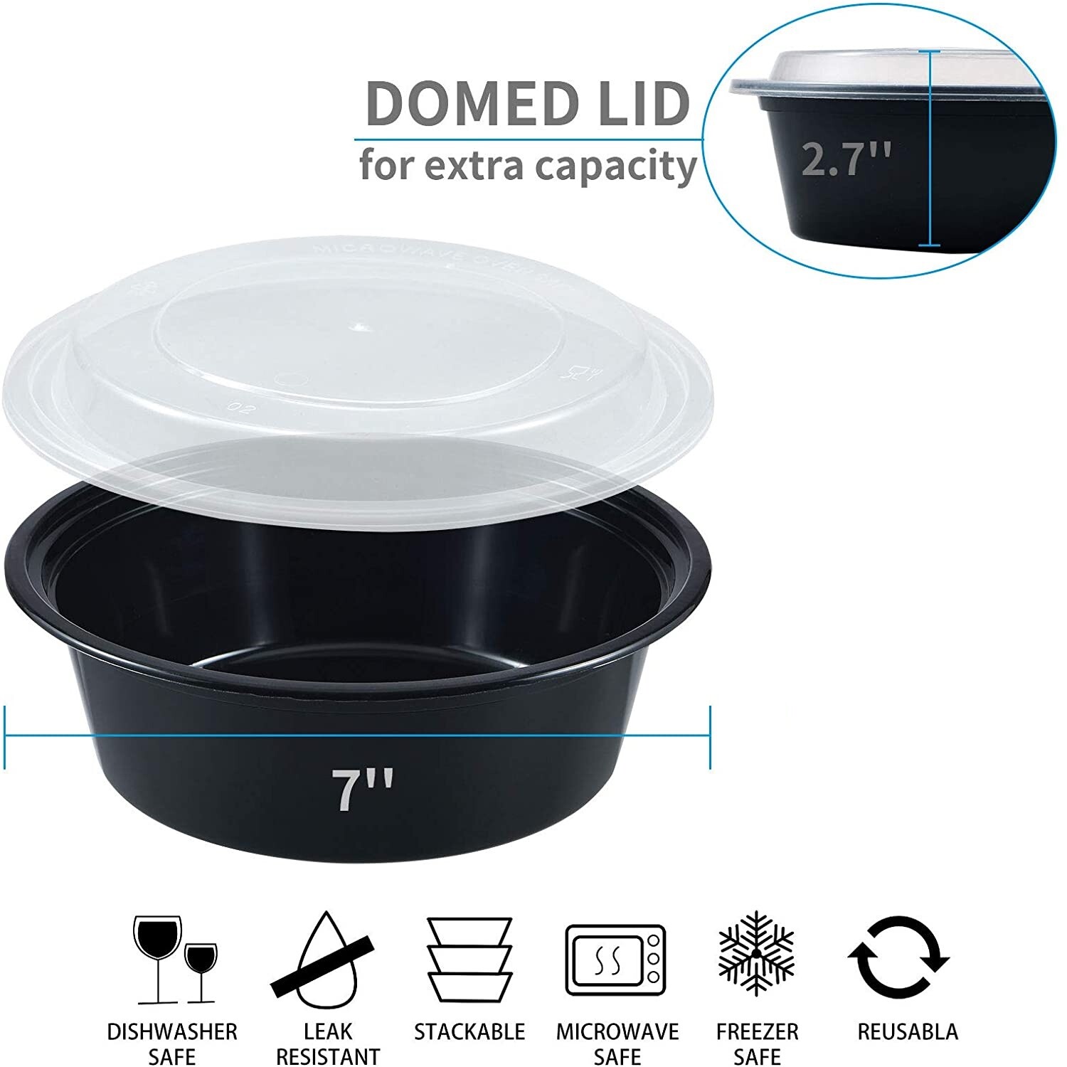 10 Set-48oz Round Microwavable Plastic Meal Prep, Freezer Safe, Disposable Black
