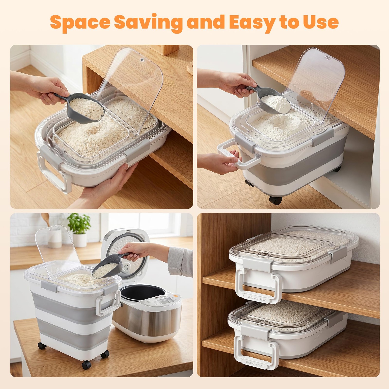 30 Lbs Rice Storage Container with Wheels, Collapsible Airtight Dog Food Stor…