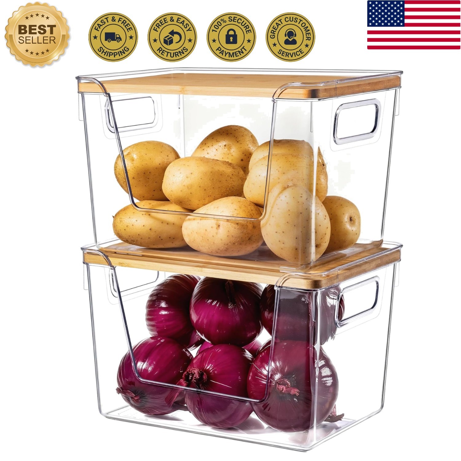 Stackable Clear Storage Bins with Eco-Friendly Bamboo Lids – Kitchen & Beyond