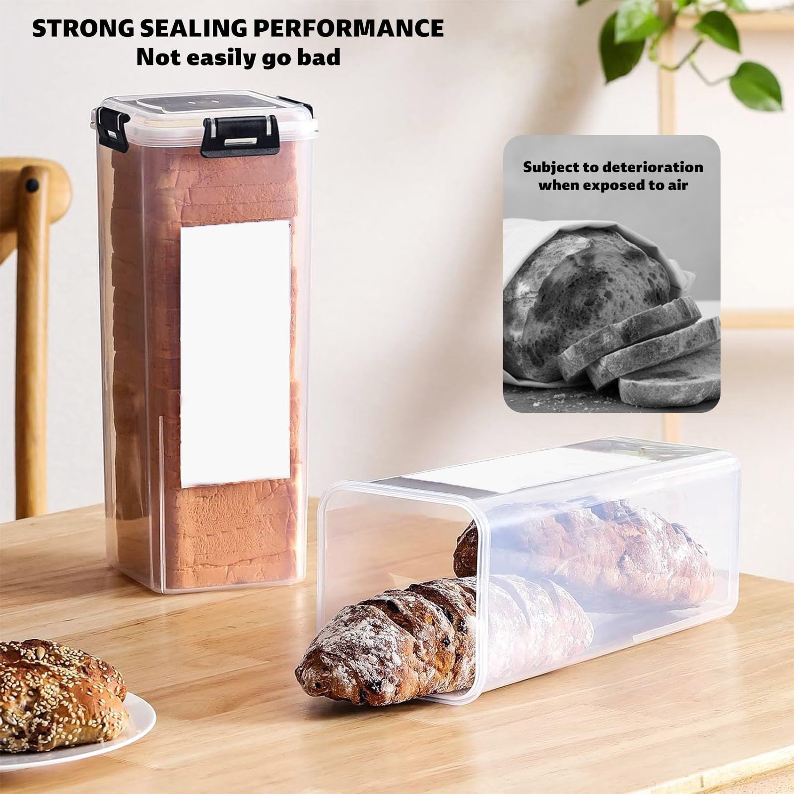Airtight Slide-Out Bread Storage Box, Clear Plastic Container for Loaves & Bagel