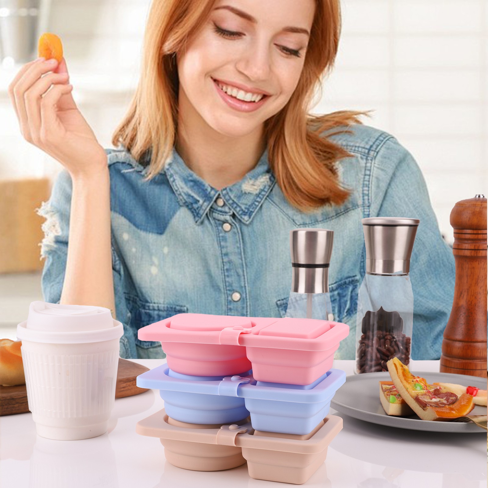 3Pcs 2 Compartment Food Storage Containers Portion Cups for School Work