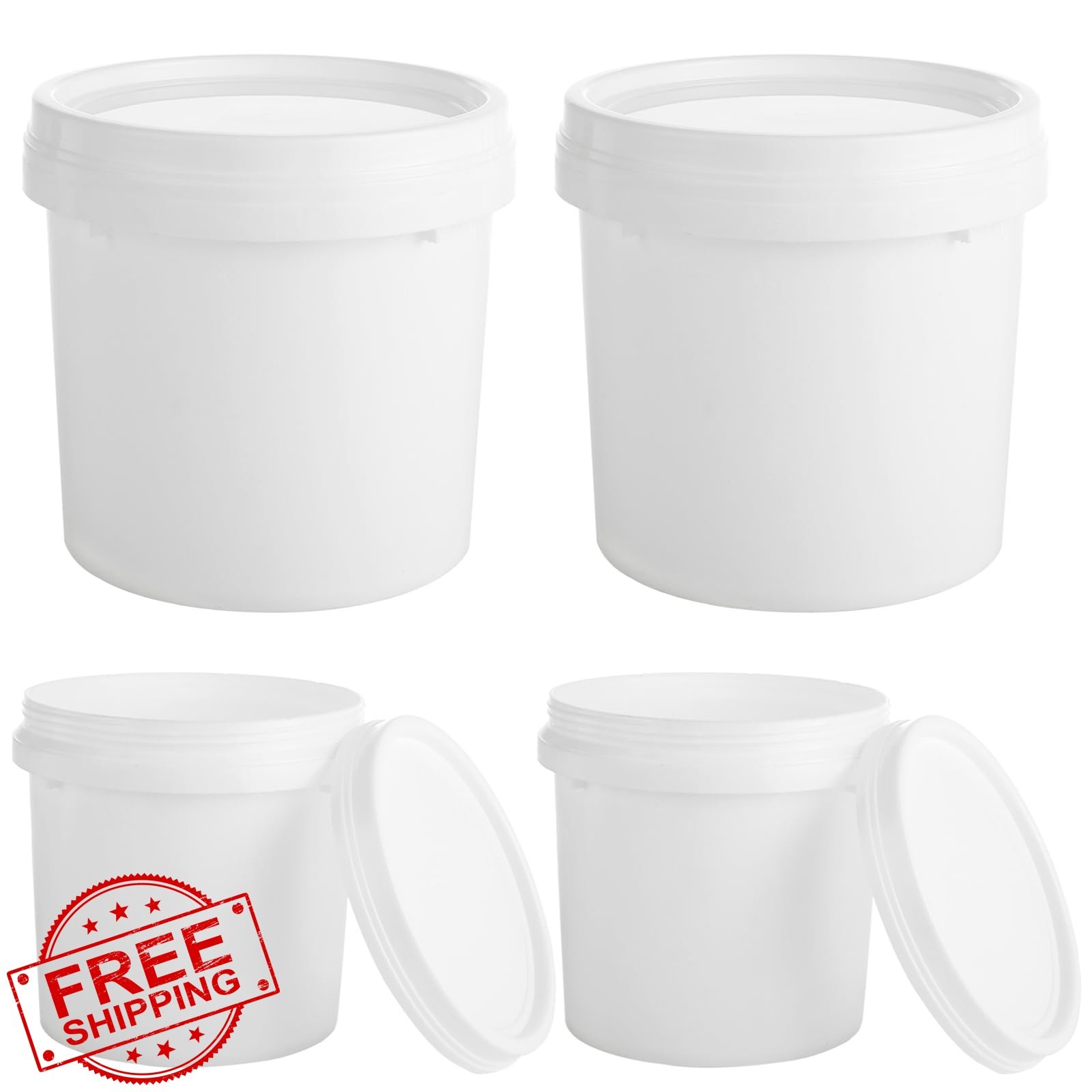 FWEEK 4 Pack 1L Plastic Pail Bucket with Lid White