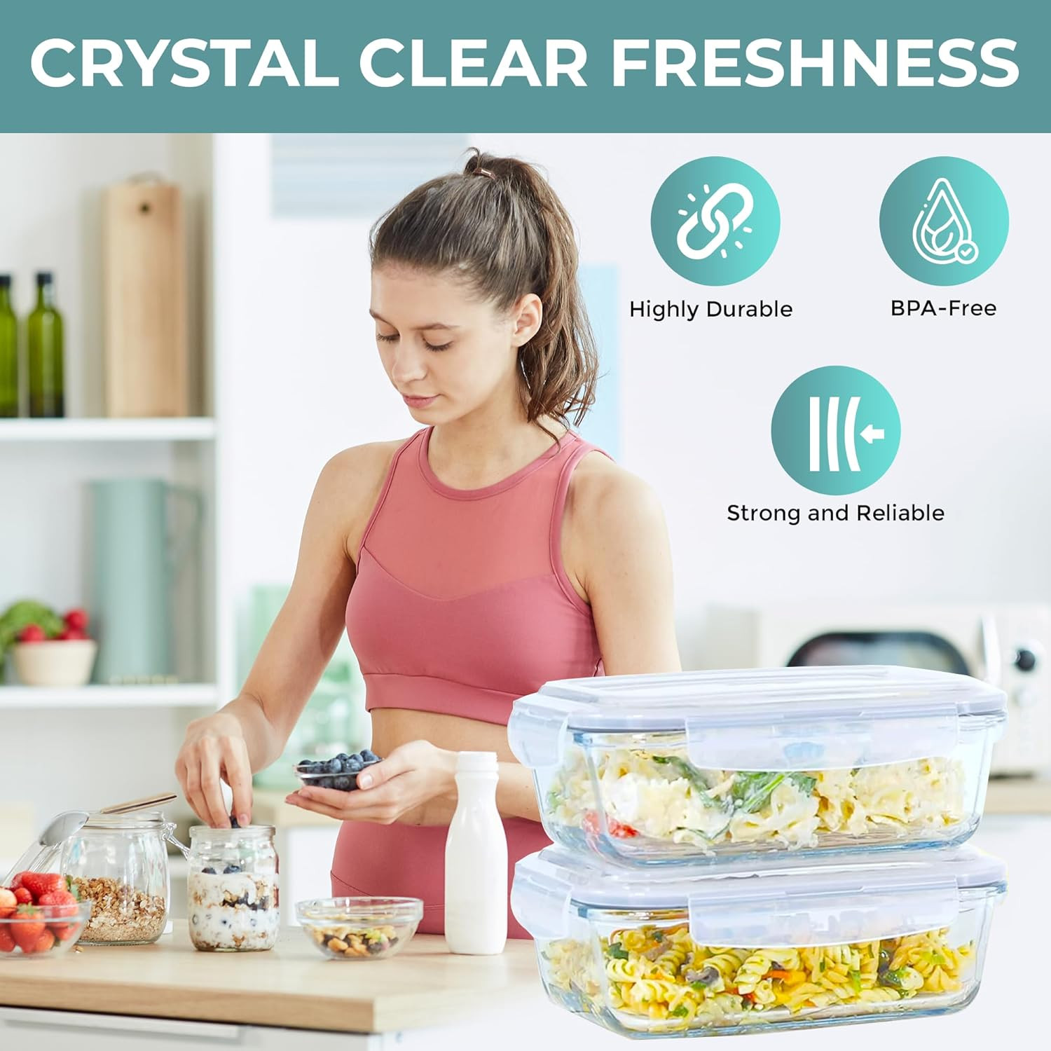 6.5 Cups / 52 Oz 4 Piece (2 Containers + 2 Lids) Glass Food Storage Containers S