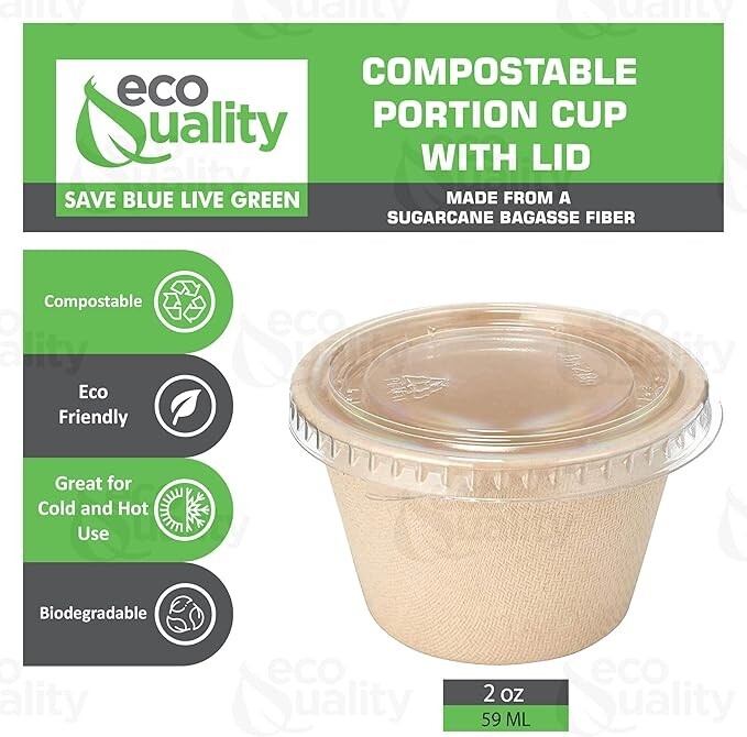 2 oz EcoQuality Compostable Condiment Souffle Bagasse Cups with Lids – 2000 pcs