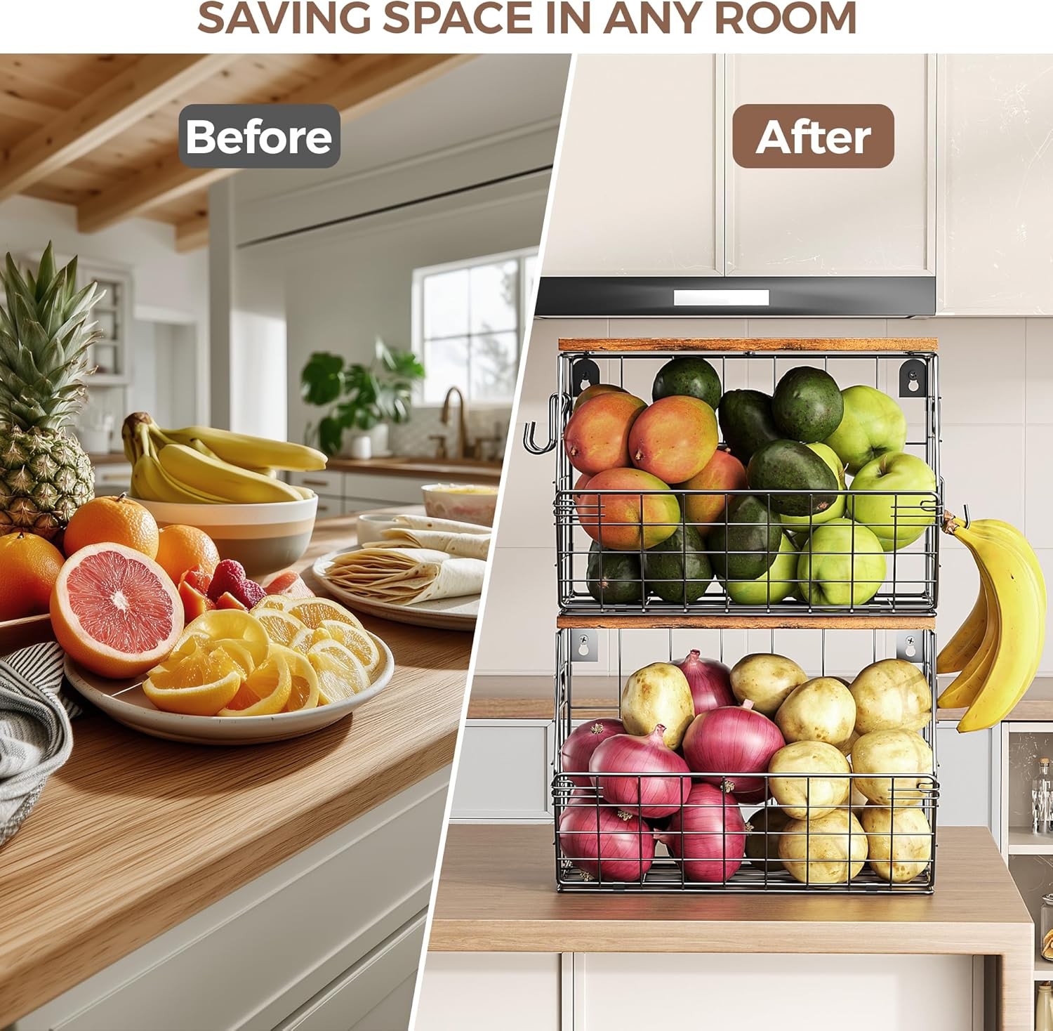 Stackable Metal Fruit Basket with Wooden Lid – Wall and Countertop Organizer