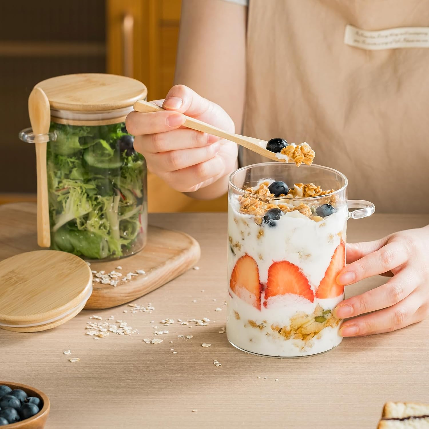 6 Pack 16Oz Glass Jars with Bamboo Lids and Spoons,Overnight Oats Container