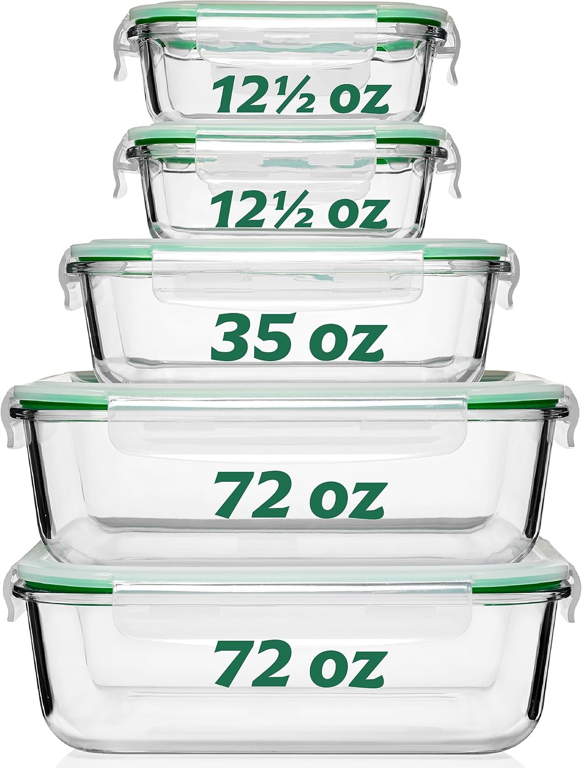 Large Glass Food Storage Containers with Lids [5 Pack, 72 Oz, 9 Cup], Airtight,