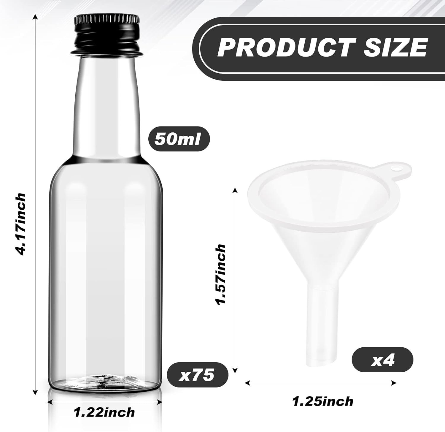 75 Pack 1. 7oz Mini Plastic Liquor Bottles with Black Cap, 50ml Plastic Empty