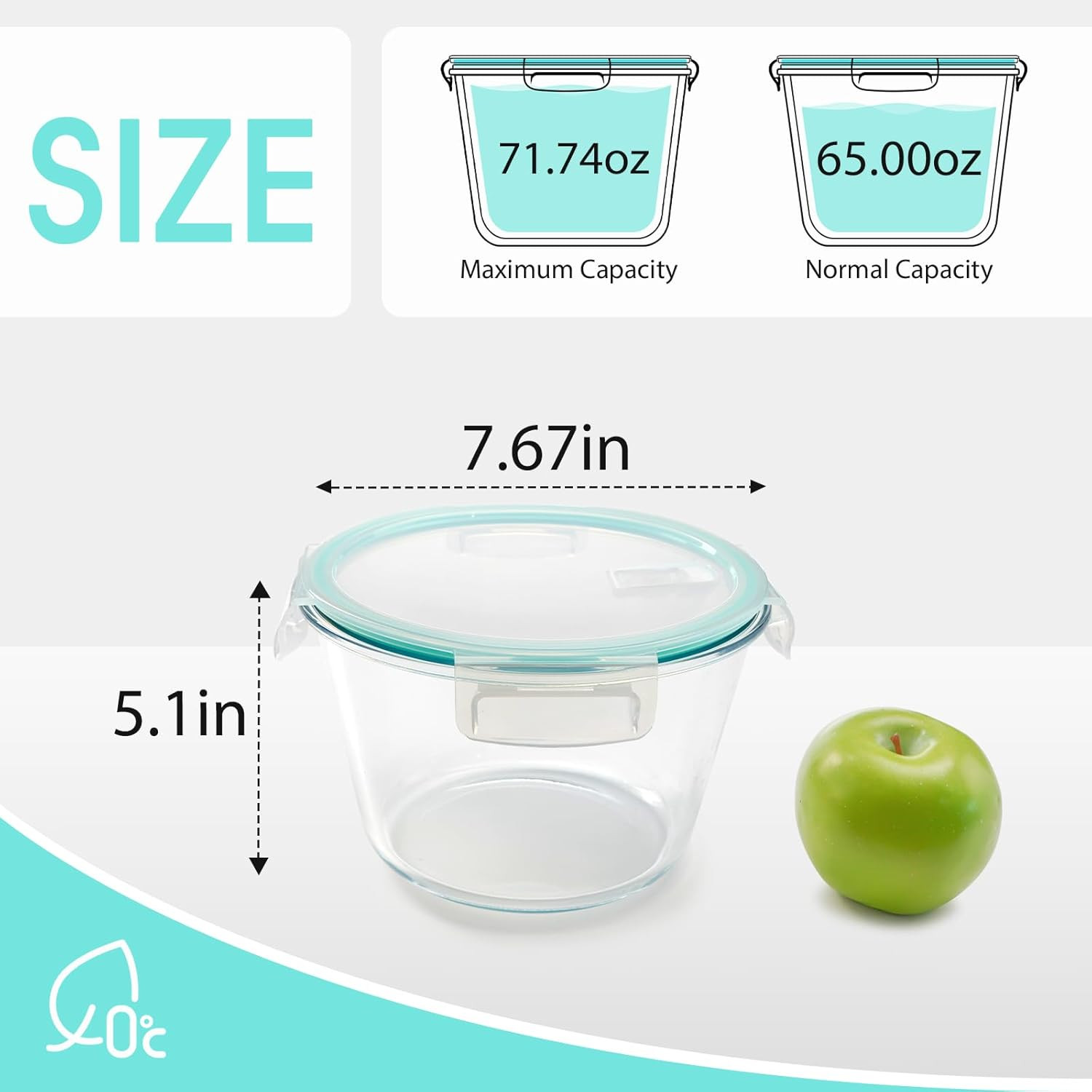 NUTRIUPS Glass Food Storage Container with Lid, 2.1L, 7.6×5in | Deep Round, Meal
