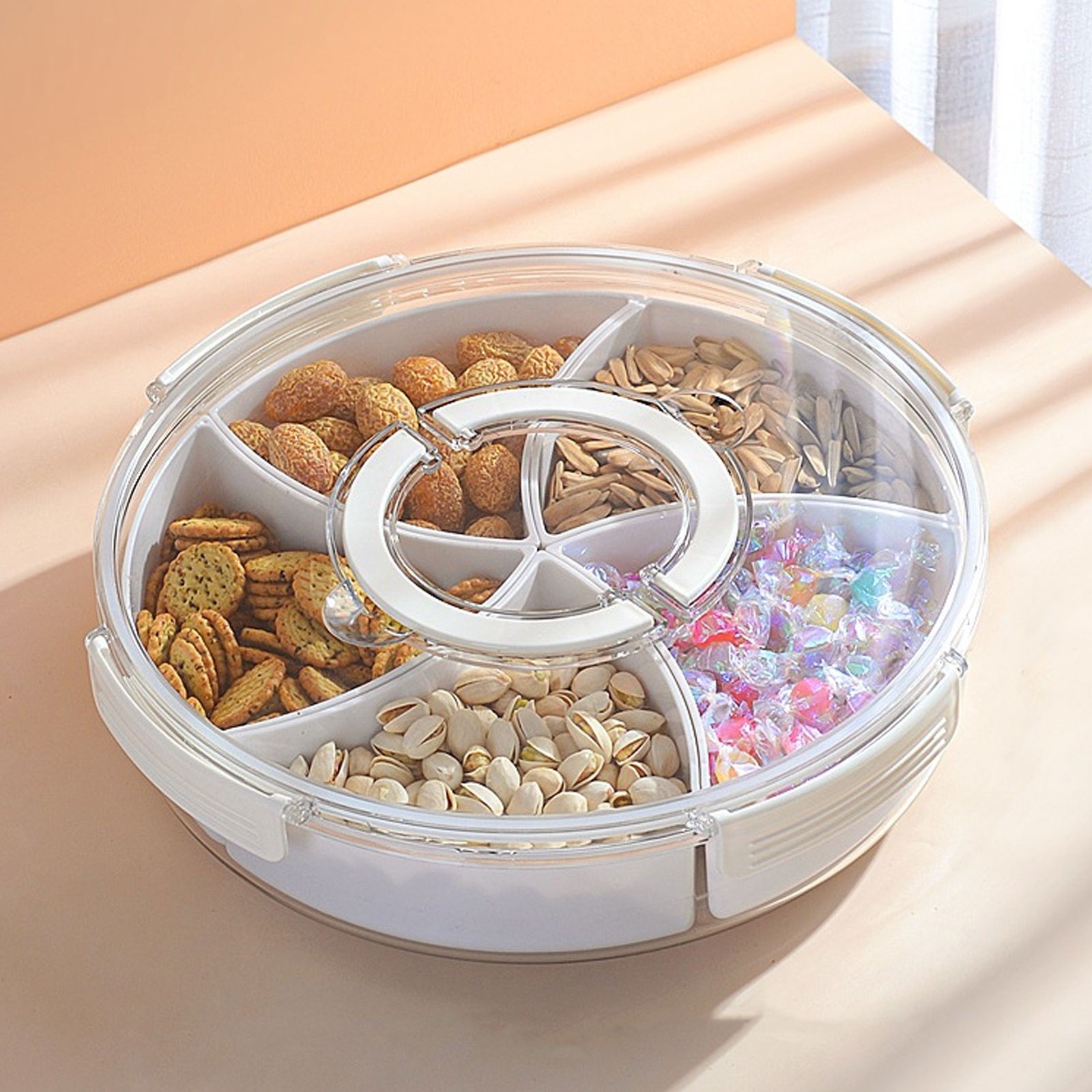 White 5-Compartment Rotating Snack Box with Lid & Handle