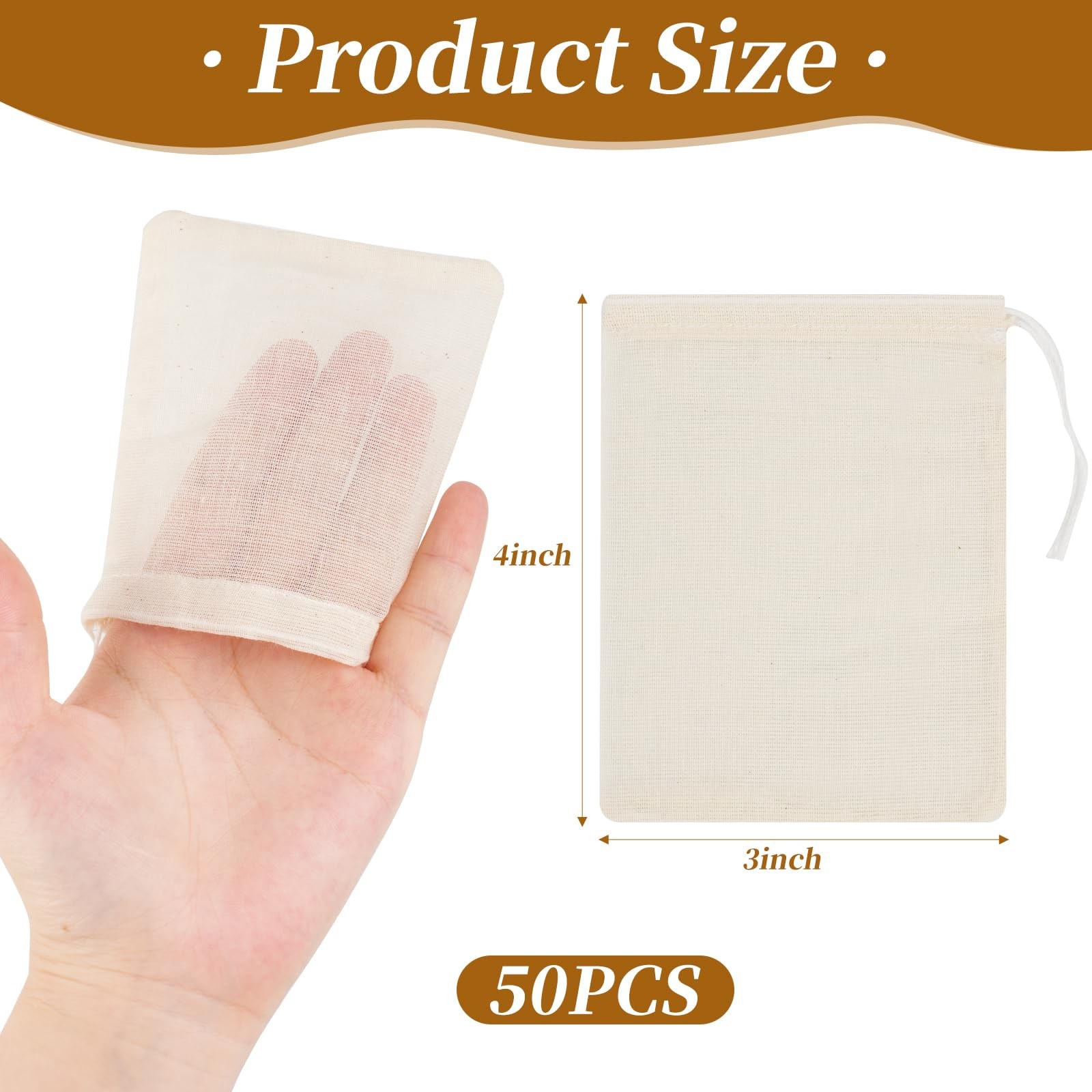 GliSun 50 Pcs Muslin Drawstring Bags Reusable Tea 3 x 4 inches, Natural