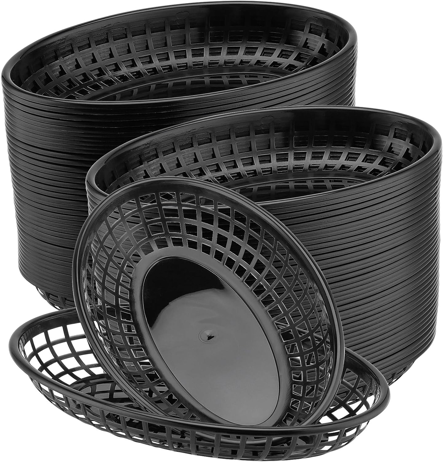 50 Pack Black Plastic Fast Food Baskets Oval Fast Food Serving Baskets for Servi